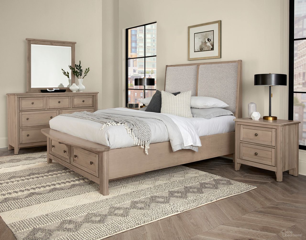 The appearance of Woodbridge Upholstered Bedroom Set With Storage In Grey designed by Vaughan Bassett in the transitional interior design. This shadow grey piece of furniture was selected by 1StopBedrooms from Woodbridge Collection to add a touch of cosiness and style into your home. Sku: 821-551;821-052;821-050B;821-502;TT-555T;821-227. Bed Size: King. Material: Maple.