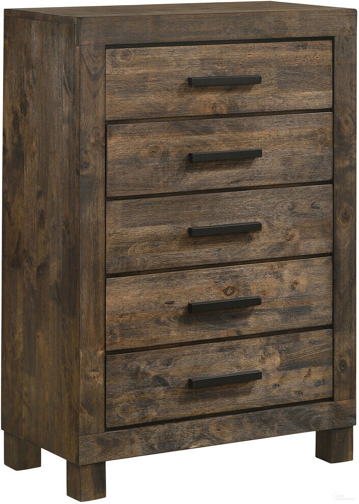 The appearance of Woodmont 5-drawer Chest Rustic Golden Brown designed by Coaster in the country / farmhouse interior design. This rustic golden brown piece of furniture  was selected by 1StopBedrooms from Woodmont Collection to add a touch of cosiness and style into your home. Sku: 222635. Material: Wood.