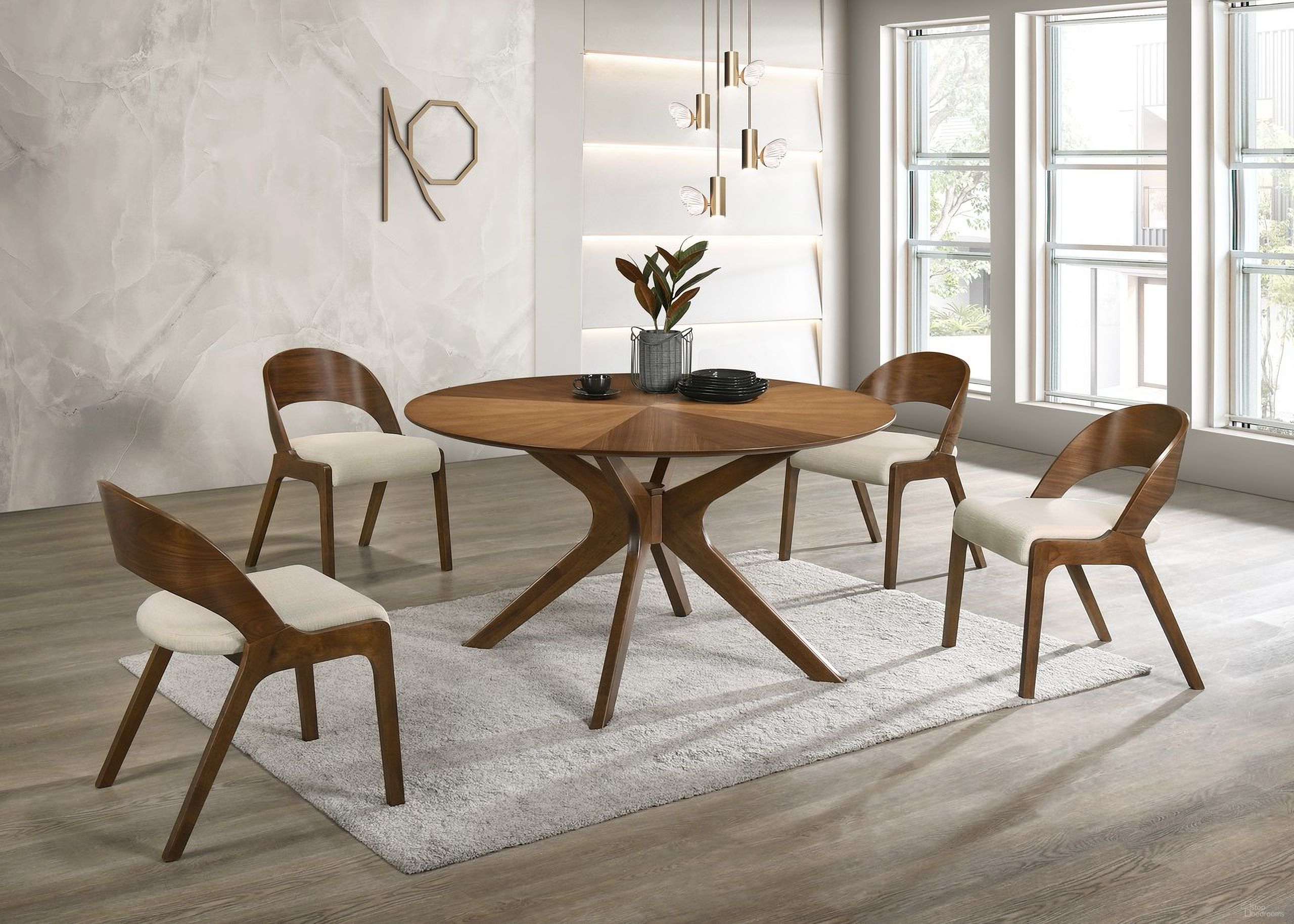 The appearance of Woodson Round Dining Set In Rich Walnut and Beige designed by Meridian in the transitional interior design. This beige piece of furniture was selected by 1StopBedrooms from Woodson Collection to add a touch of cosiness and style into your home. Sku: 869-T;868Beige-C. Table Top Shape: Round. Material: Wood. Size: 54".