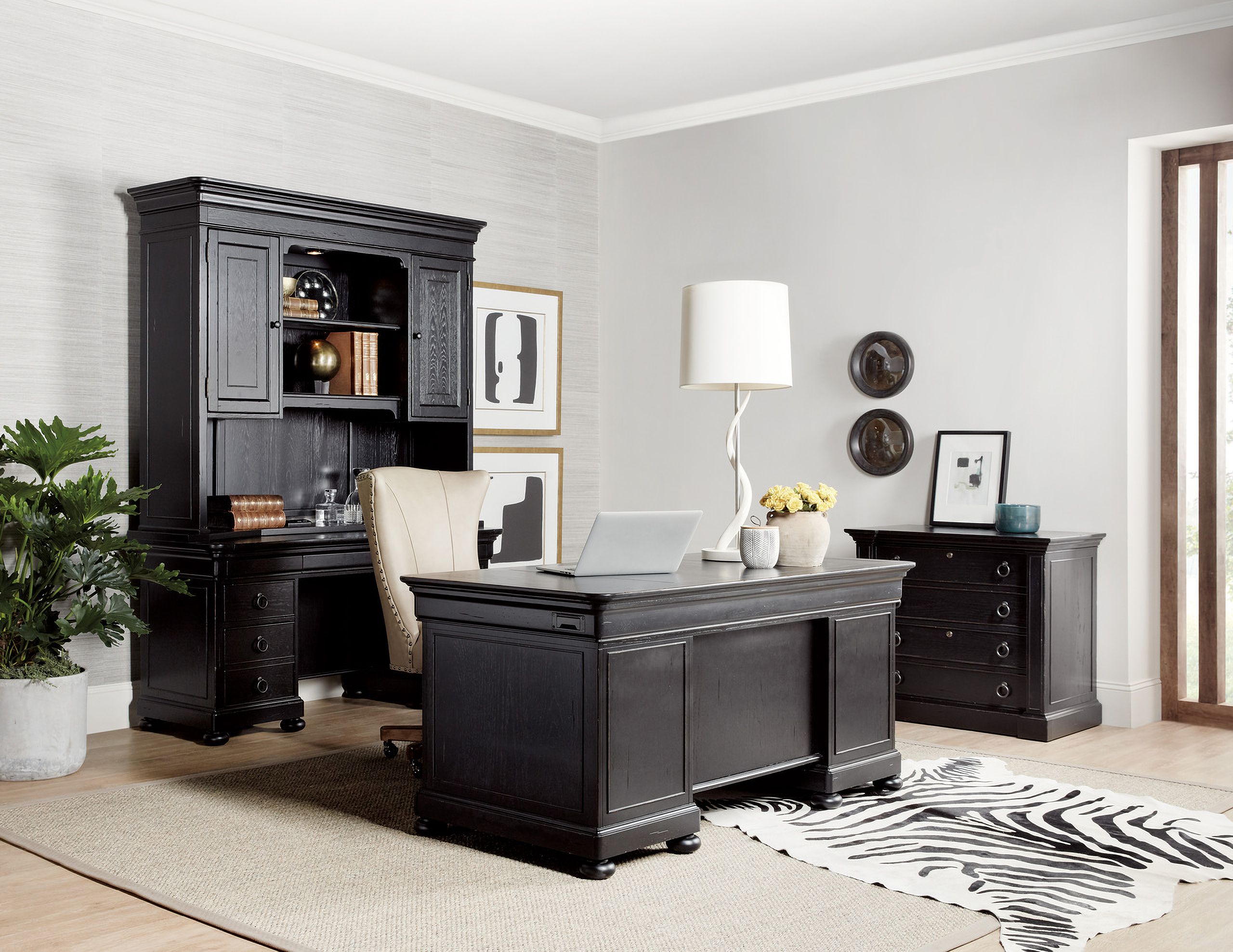 The appearance of Bristowe Work Your Way Black Paint With Touches Of Warm Brown Bristowe Home Office Set designed by Hooker in the traditional interior design. This black piece of furniture was selected by 1StopBedrooms from Bristowe Collection to add a touch of cosiness and style into your home. Sku: 5971-10563-99;EC483-083. Material: Wood.