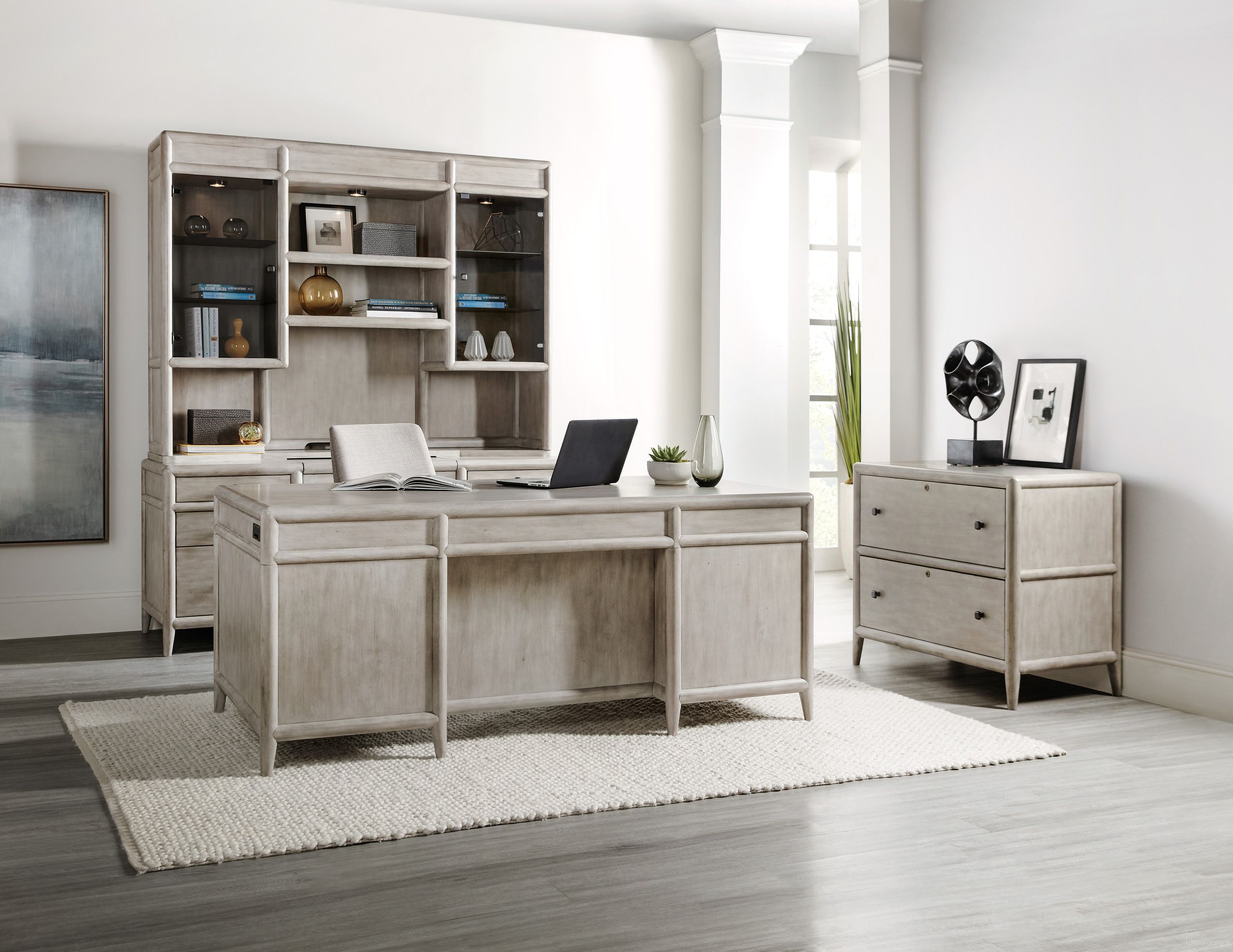 The appearance of Burnham Work Your Way Grey Mink Burnham Home Office Set designed by Hooker in the transitional interior design. This gray piece of furniture  was selected by 1StopBedrooms from Burnham Collection to add a touch of cosiness and style into your home. Sku: 5921-10562-90;5921-10445-90. Material: Wood.