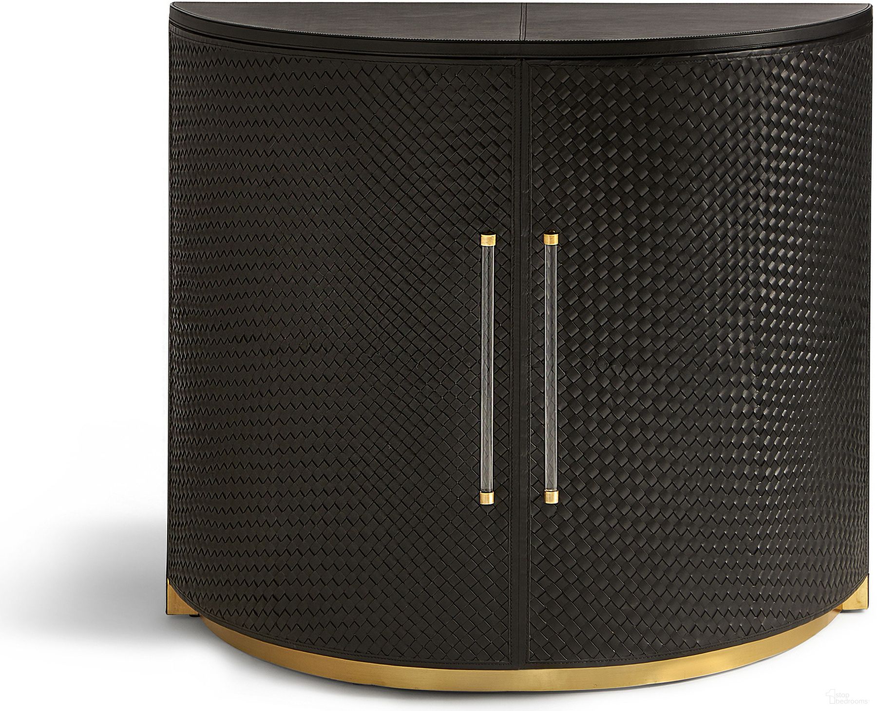 The appearance of Woven Leather Demilune In Polished Brass and Black designed by Maitland-Smith in the modern / contemporary interior design. This polished brass and black piece of furniture  was selected by 1StopBedrooms from Maitland Smith Collection to add a touch of cosiness and style into your home. Sku: 8395-51. Material: Leather.