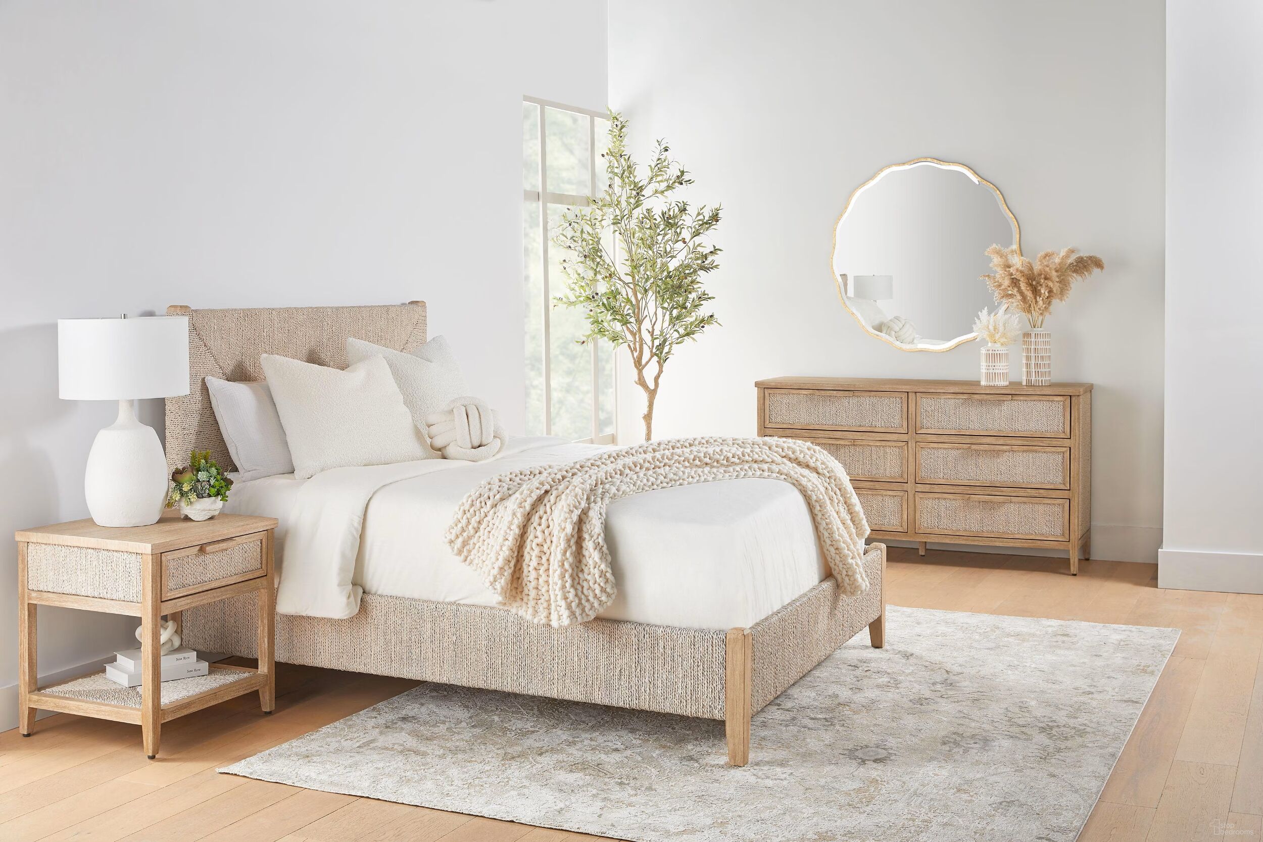 The appearance of Woven Malay Panel Bedroom Set In White Wash and Natural Gray designed by Essentials For Living in the transitional interior design. This white wash/natural gray piece of furniture was selected by 1StopBedrooms from Woven Collection to add a touch of cosiness and style into your home. Sku: 6895-1.WWA/NG;6896.WWA/NG. Bed Size: California King. Material: Abaca Rope.