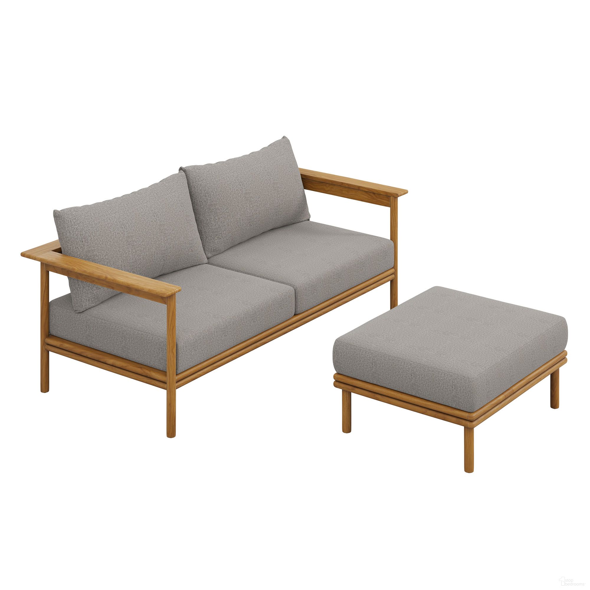 The appearance of Wren 2-Piece Outdoor Patio Teak Wood Sofa and Ottoman Set In Natural and Driftwood designed by Modway in the modern / contemporary interior design. This natural/driftwood piece of furniture  was selected by 1StopBedrooms from Wren Collection to add a touch of cosiness and style into your home. Sku: EEI-7008-NAT-DRI;EEI-7009-NAT-DRI. Material: Teak Wood.
