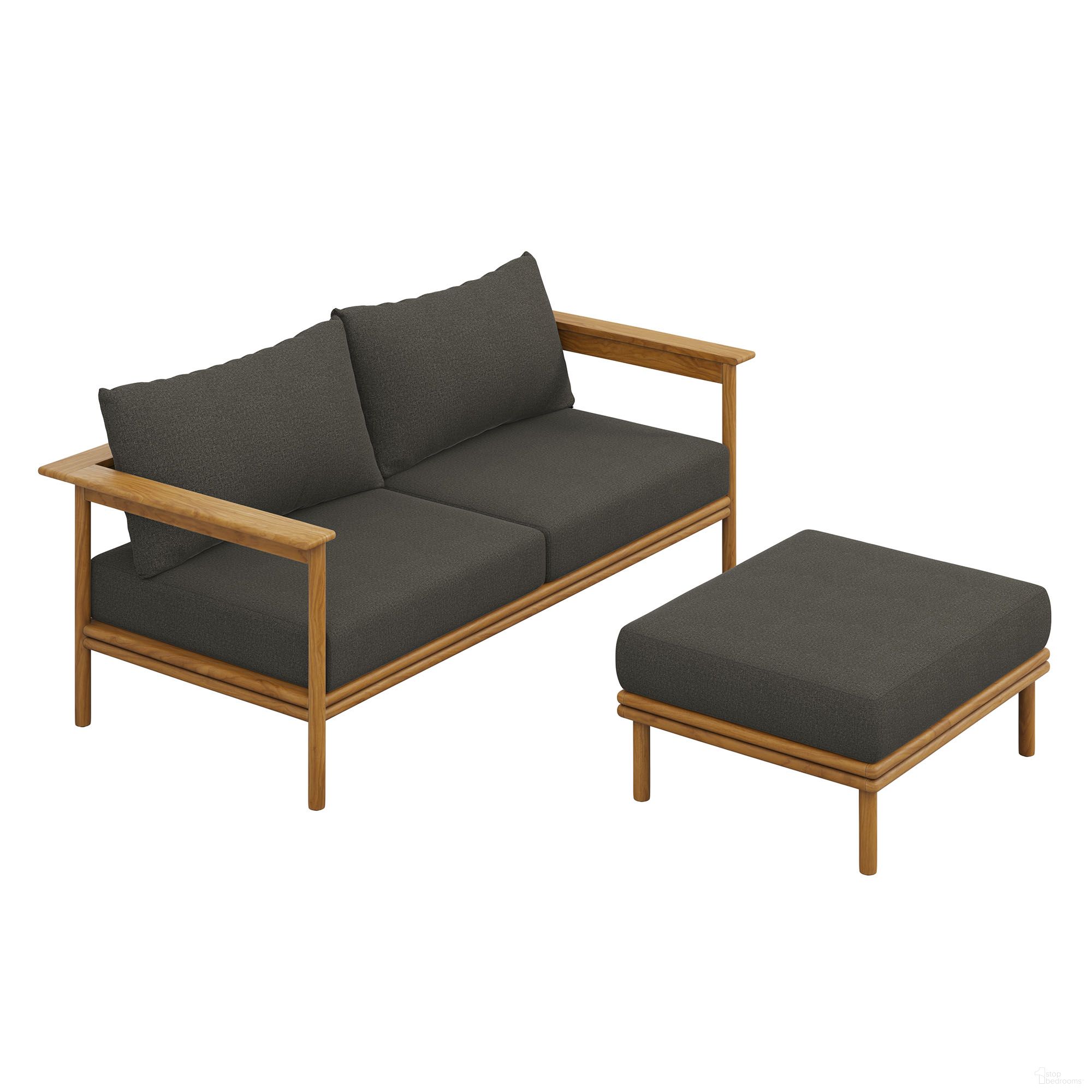 The appearance of Wren 2-Piece Outdoor Patio Teak Wood Sofa and Ottoman Set In Natural and Flint Gray designed by Modway in the modern / contemporary interior design. This natural/flint gray piece of furniture was selected by 1StopBedrooms from Wren Collection to add a touch of cosiness and style into your home. Sku: EEI-7008-NAT-FLI;EEI-7009-NAT-FLI. Material: Teak Wood.