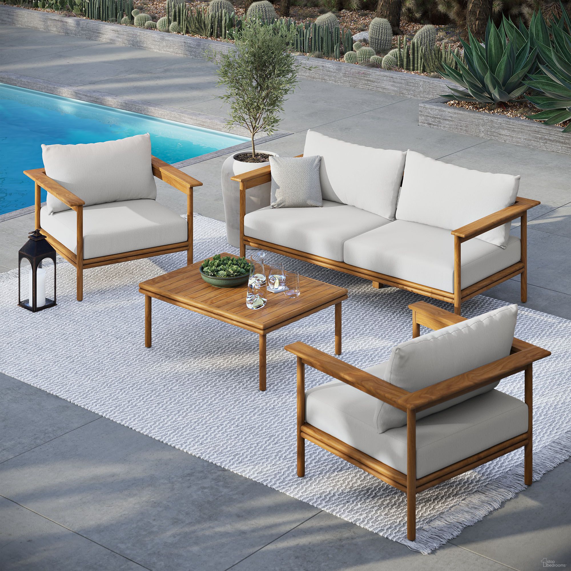 The appearance of Wren 4-Piece Outdoor Patio Teak Wood Furniture Set In Natural and Sail designed by Modway in the modern / contemporary interior design. This natural/sail piece of furniture  was selected by 1StopBedrooms from Wren Collection to add a touch of cosiness and style into your home. Sku: EEI-7007-NAT-SAI;EEI-7008-NAT-SAI;EEI-7010-NAT;EEI-7007-NAT-SAI. Material: Teak Wood.