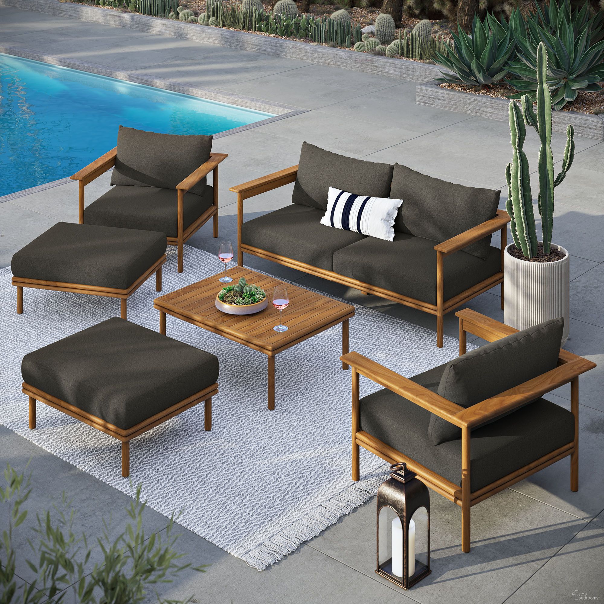 The appearance of Wren 6-Piece Outdoor Patio Teak Wood Furniture Set In Natural and Flint Gray designed by Modway in the modern / contemporary interior design. This natural/flint gray piece of furniture was selected by 1StopBedrooms from Wren Collection to add a touch of cosiness and style into your home. Sku: EEI-7007-NAT-FLI;EEI-7008-NAT-FLI;EEI-7009-NAT-FLI;EEI-7010-NAT;EEI-7007-NAT-FLI;EEI-7009-NAT-FLI. Material: Teak Wood.