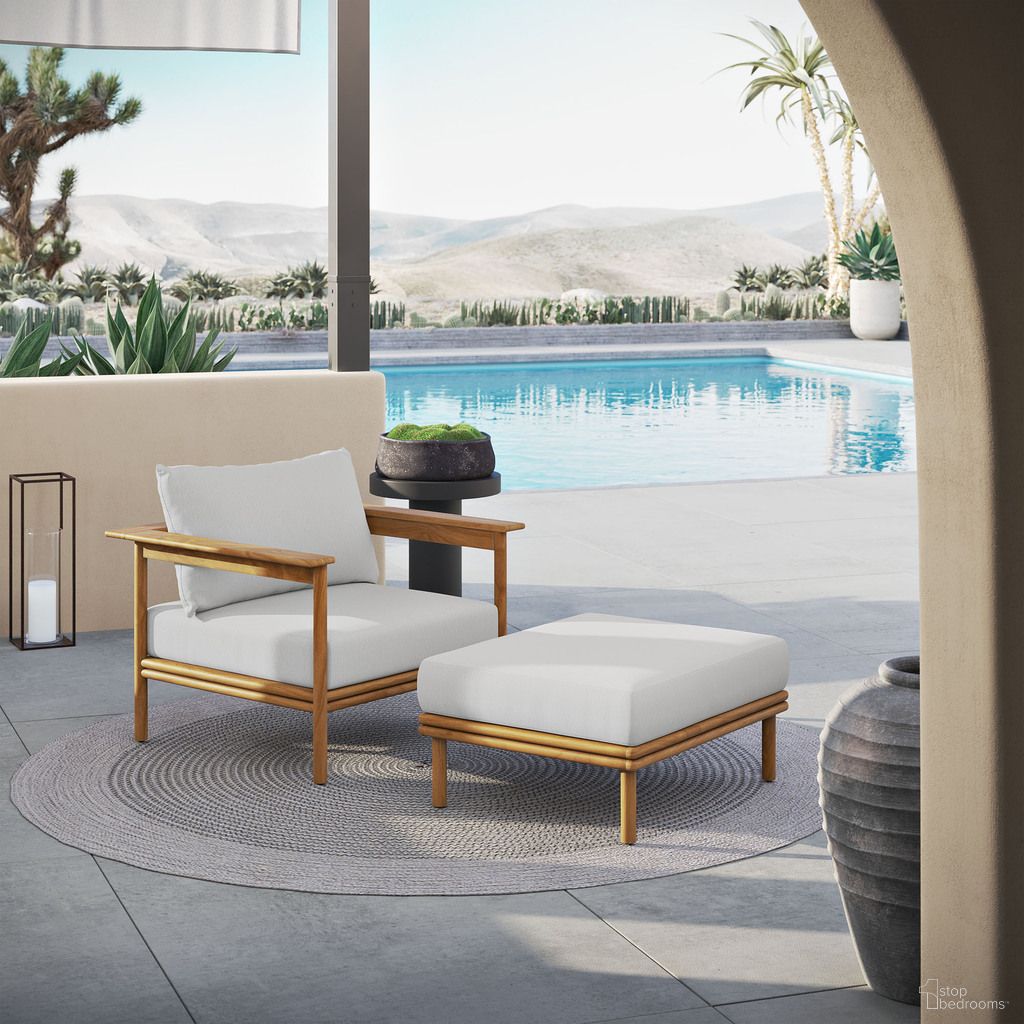 The appearance of Wren Outdoor Patio Teak Wood Armchair and Ottoman Set In Natural and Sail designed by Modway in the transitional interior design. This natural/sail piece of furniture  was selected by 1StopBedrooms from Wren Collection to add a touch of cosiness and style into your home. Sku: EEI-7007-NAT-SAI;EEI-7009-NAT-SAI. Material: Teak Wood.