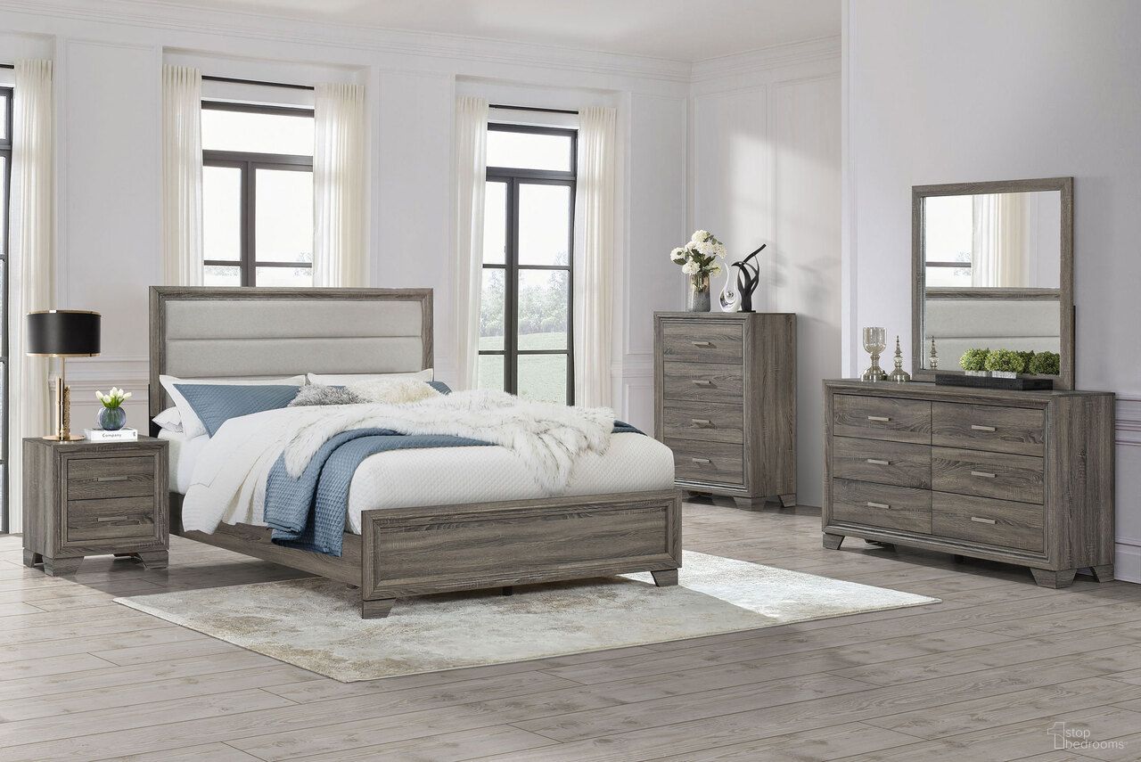 The appearance of Wright Upholstered Bedroom Set In Brown Oak designed by Coaster in the transitional interior design. This brown oak piece of furniture was selected by 1StopBedrooms from Wright Collection to add a touch of cosiness and style into your home. Sku: 223341QB1;223341QB2;223342. Bed Size: California King. Material: Engineered Wood.