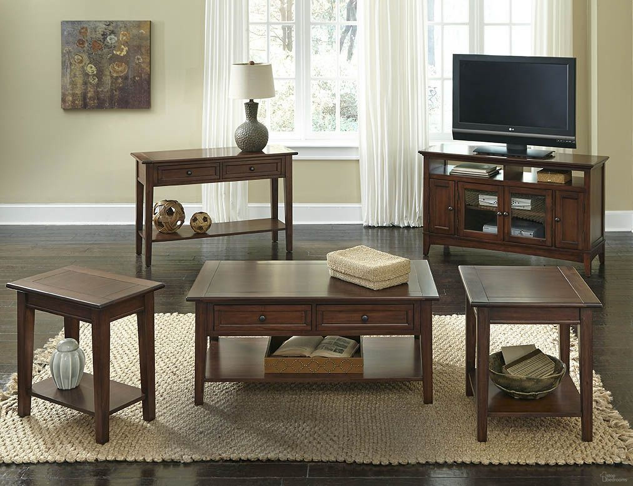 The appearance of Westlake Cherry Brown Occasional Table Set designed by A-America in the transitional interior design. This brown piece of furniture was selected by 1StopBedrooms from Westlake Collection to add a touch of cosiness and style into your home. Sku: WSLCB7110;WSLCB7020. Material: Wood.