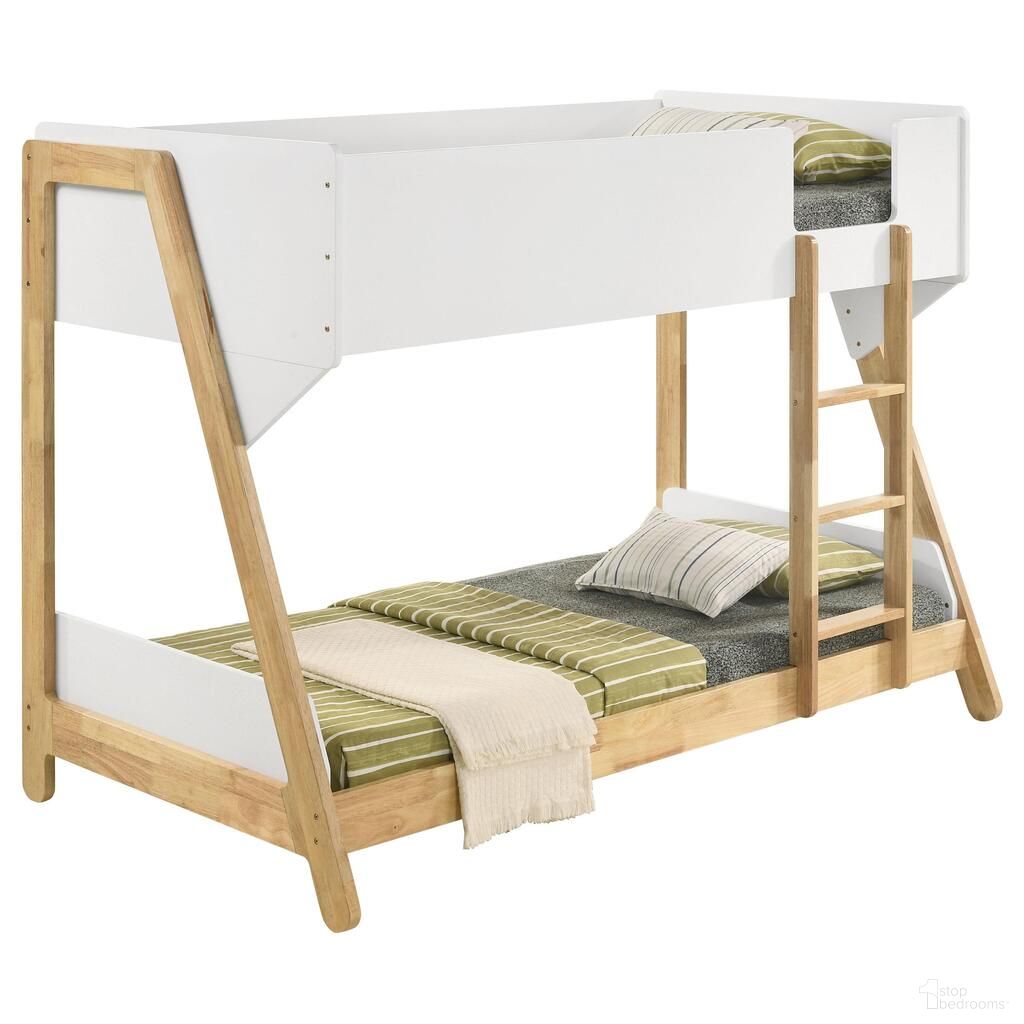 The appearance of Wyatt Wood Twin Over Twin Bunk Bed In White and Natural designed by Coaster in the coastal interior design. This white and natural piece of furniture was selected by 1StopBedrooms from Wyatt Collection to add a touch of cosiness and style into your home. Sku: 460510B1;460510B2. Bed Type: Bunk Bed. Material: Wood. Bed Size: Twin Over Twin.