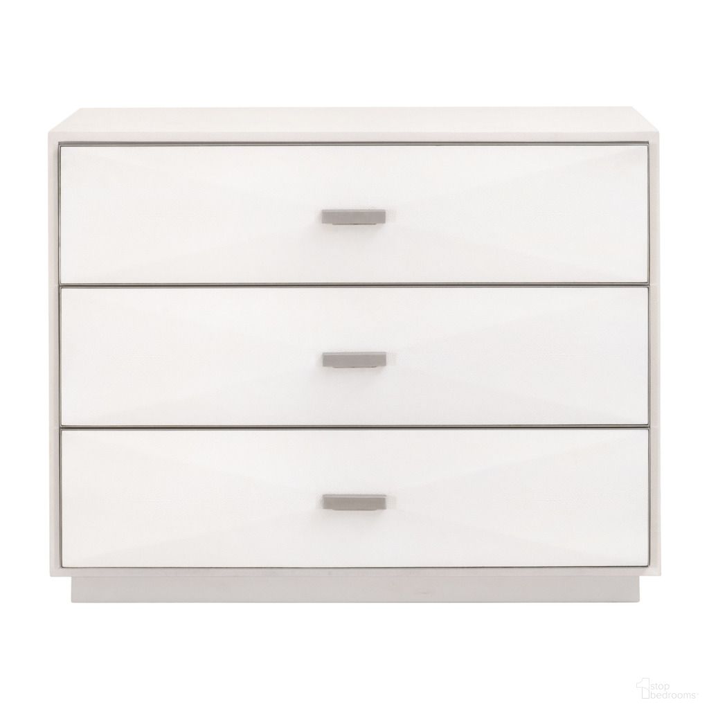 The appearance of Wynn 3-Drawer Nightstand In Pearl Shagreen designed by Essentials For Living in the transitional interior design. This pearl shagreen piece of furniture  was selected by 1StopBedrooms from Traditions Collection to add a touch of cosiness and style into your home. Sku: 6157.PRL-SHG/BSTL. Material: Faux Shagreen.
