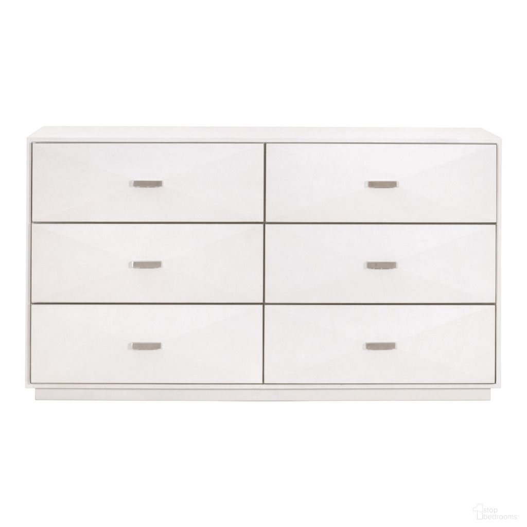 The appearance of Wynn 6-Drawer Double Dresser In Pearl Shagreen designed by Essentials For Living in the transitional interior design. This pearl shagreen piece of furniture was selected by 1StopBedrooms from Traditions Collection to add a touch of cosiness and style into your home. Sku: 6158.PRL-SHG/BSTL. Material: Faux Shagreen.