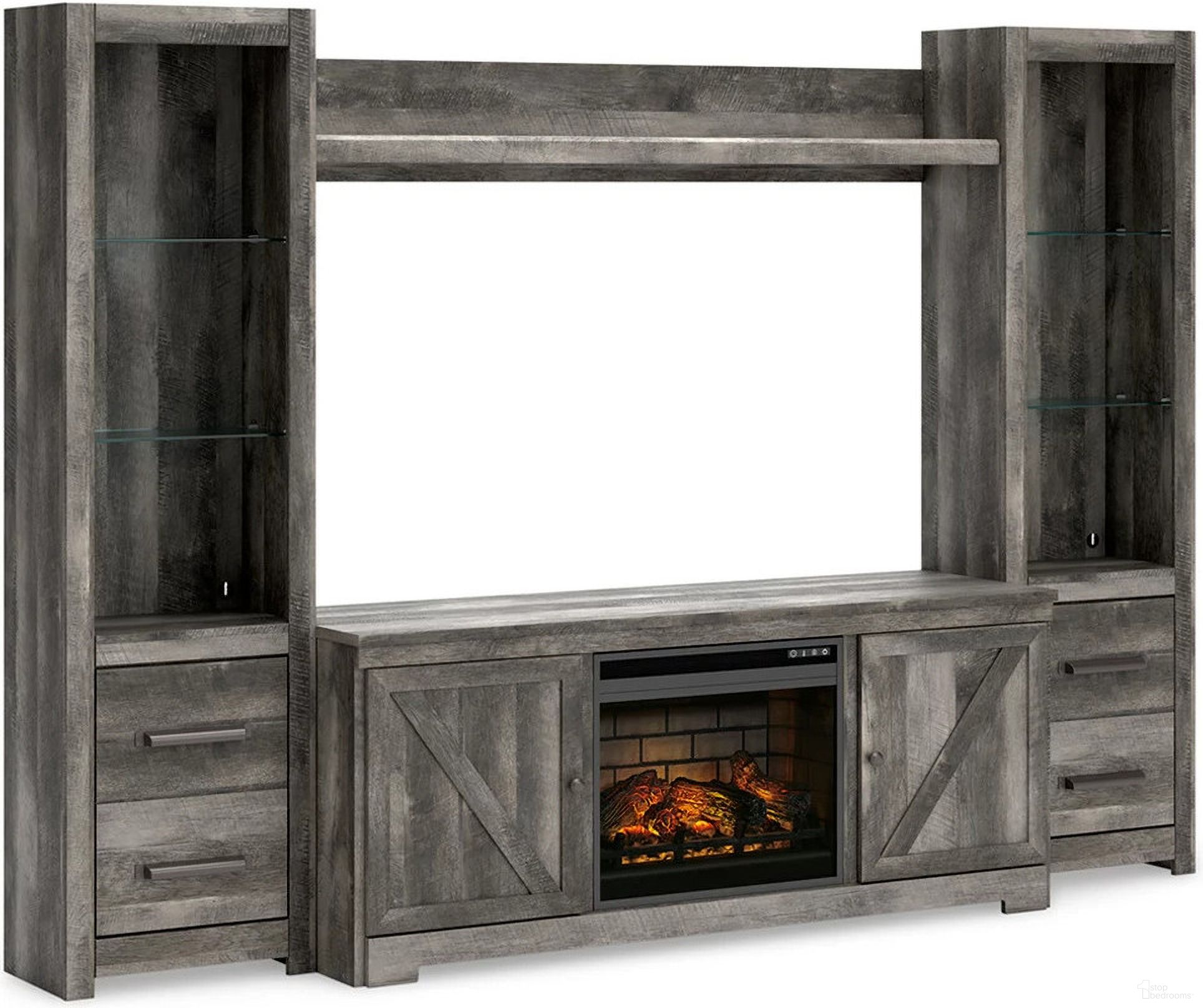 The appearance of Wynnlow Gray 5 Piece Entertainment Wall Unit with Fireplace designed by Signature Design by Ashley in the transitional interior design. This gray piece of furniture was selected by 1StopBedrooms from Wynnlow Collection to add a touch of cosiness and style into your home. Sku: W440-24;W440-24;W440-27;W440-68;W100-101. Material: Glass.