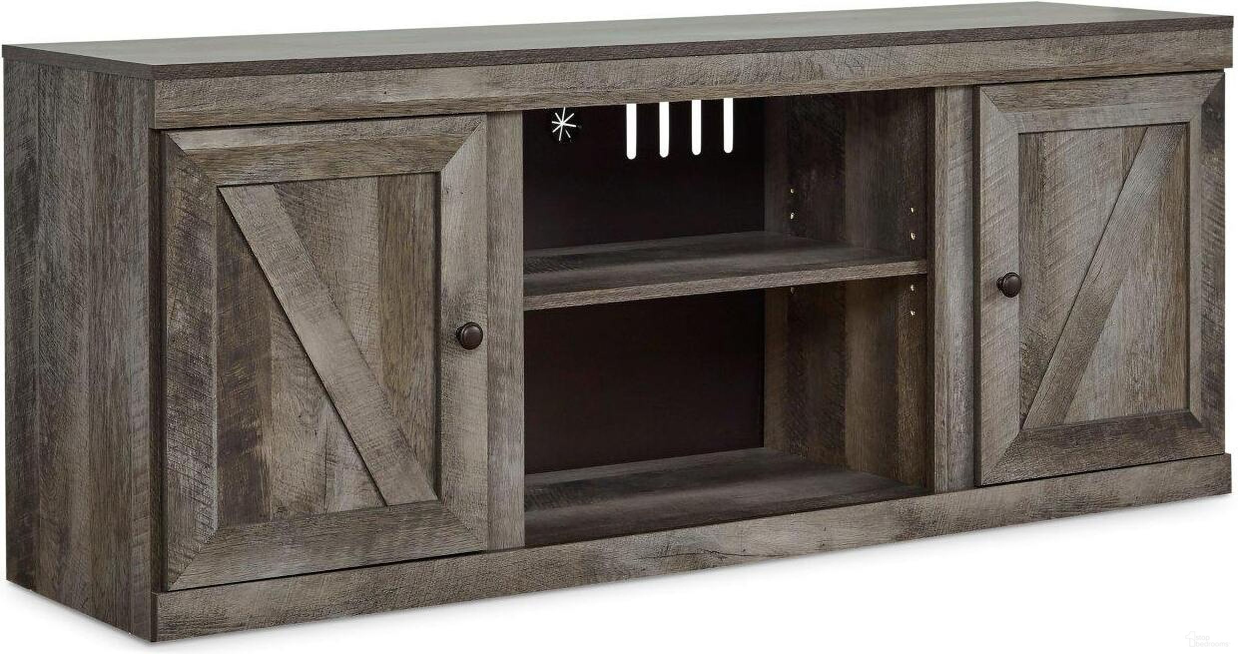The appearance of Wynnlow Gray Lg Tv Stand W/Fireplace Option designed by Signature Design by Ashley in the transitional interior design. This gray piece of furniture was selected by 1StopBedrooms from Wynnlow Collection to add a touch of cosiness and style into your home. Sku: EW0440-268. Material: Wood.