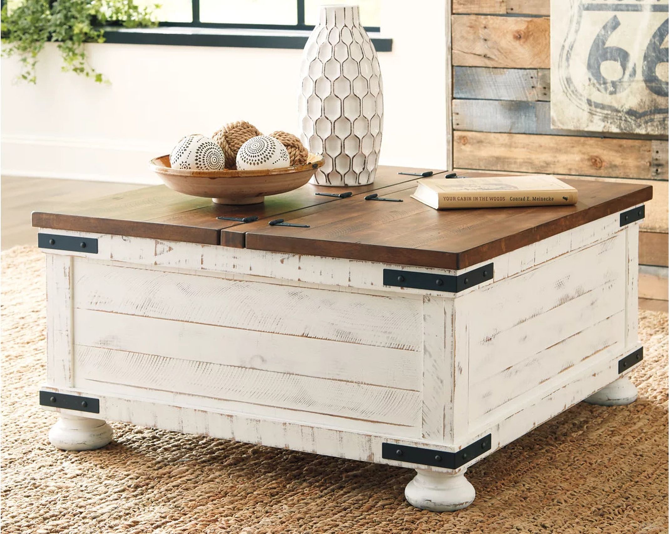 The appearance of Wystfield White and Brown Cocktail Table with Storage designed by Signature Design by Ashley in the transitional interior design. This white/brown piece of furniture was selected by 1StopBedrooms from Wystfield Collection to add a touch of cosiness and style into your home. Sku: T459-20. Material: Wood.