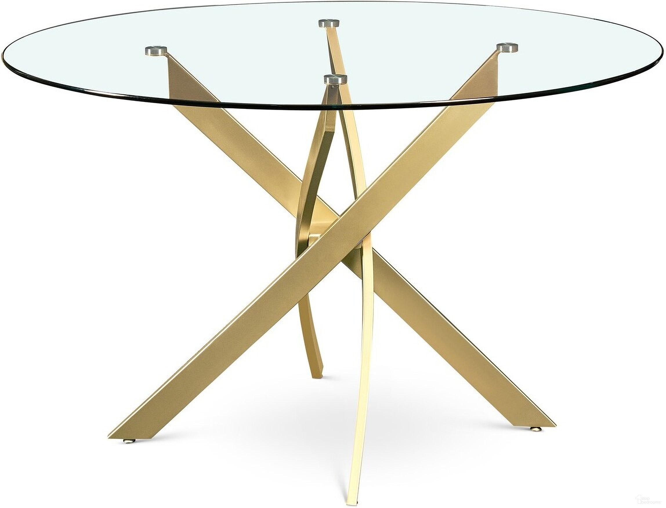 The appearance of Xander Dining Table In Brushed Gold designed by Meridian in the modern / contemporary interior design. This brushed gold piece of furniture  was selected by 1StopBedrooms from Xander Collection to add a touch of cosiness and style into your home. Sku: 984-T Box 1/2 (Glass Top);984-T Box 2/2 (Base). Table Base Style: Legs. Table Top Shape: Round. Material: Iron. Size: 48".