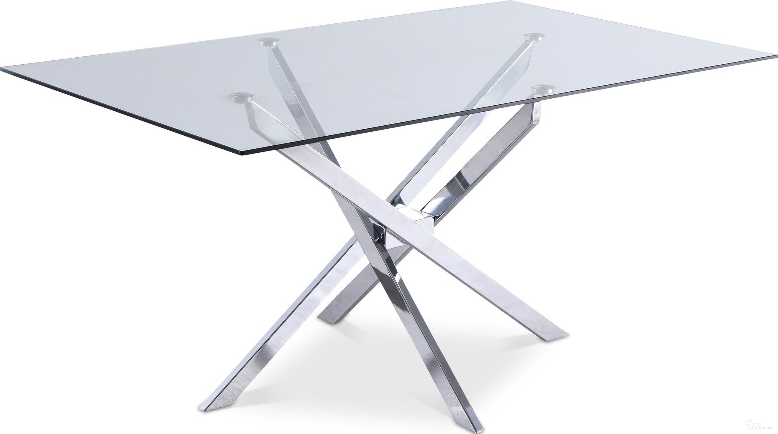 The appearance of Xander Rectangular Dining Table In Chrome designed by Meridian in the modern / contemporary interior design. This chrome piece of furniture  was selected by 1StopBedrooms from Xander Collection to add a touch of cosiness and style into your home. Sku: 901-T Box 1/2 (Glass Top);901-T Box 2/2 (Base). Table Base Style: Legs. Table Top Shape: Rectangular. Material: Stainless Steel. Size: 36" x 60".