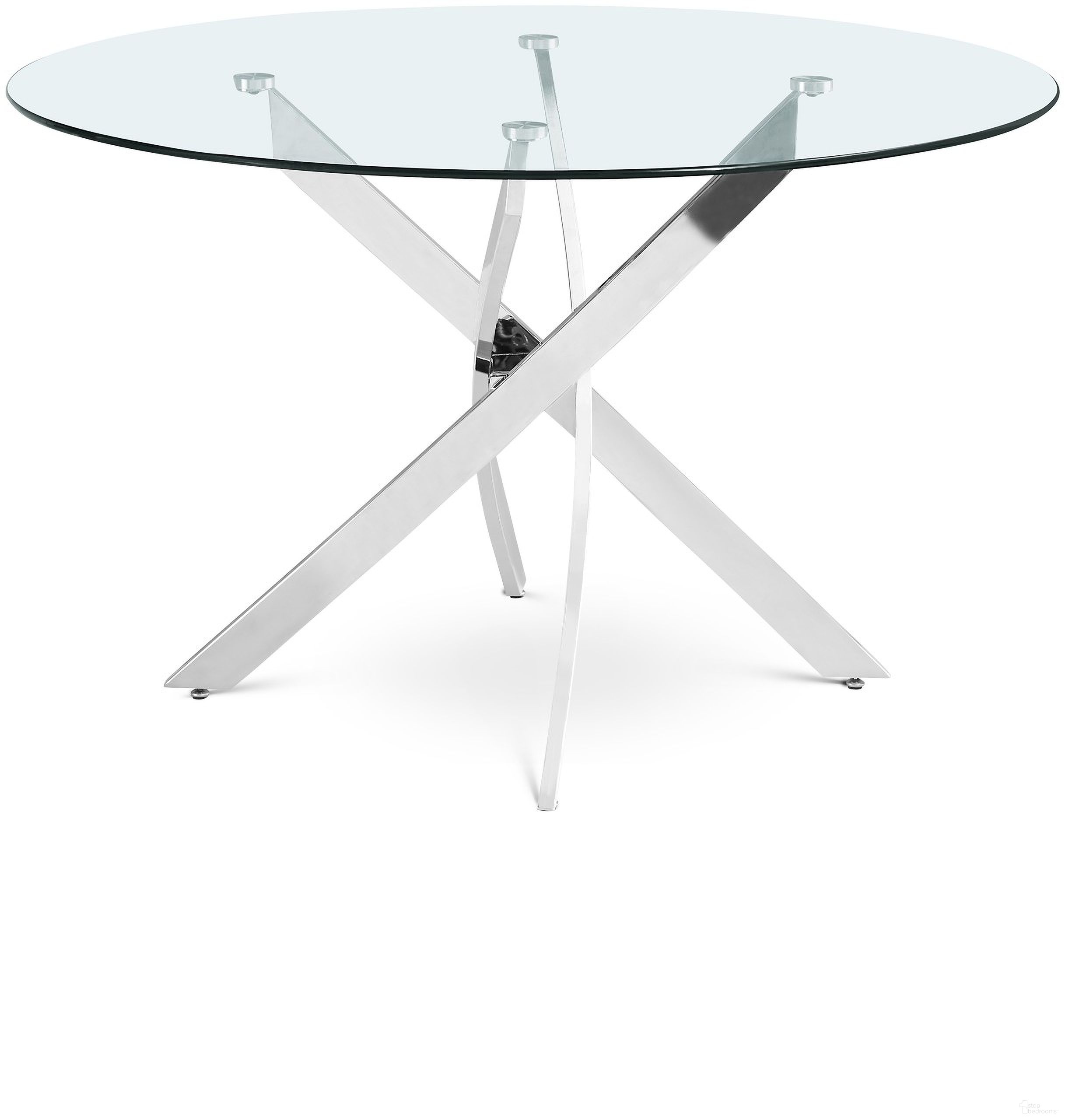 The appearance of Xander Round Dining Table In Chrome designed by Meridian in the modern / contemporary interior design. This chrome piece of furniture  was selected by 1StopBedrooms from Xander Collection to add a touch of cosiness and style into your home. Sku: 985-T Box 1/2 (Glass Top);985-T Box 2/2 (Base). Table Base Style: Legs. Table Top Shape: Round. Material: Iron. Size: 48".