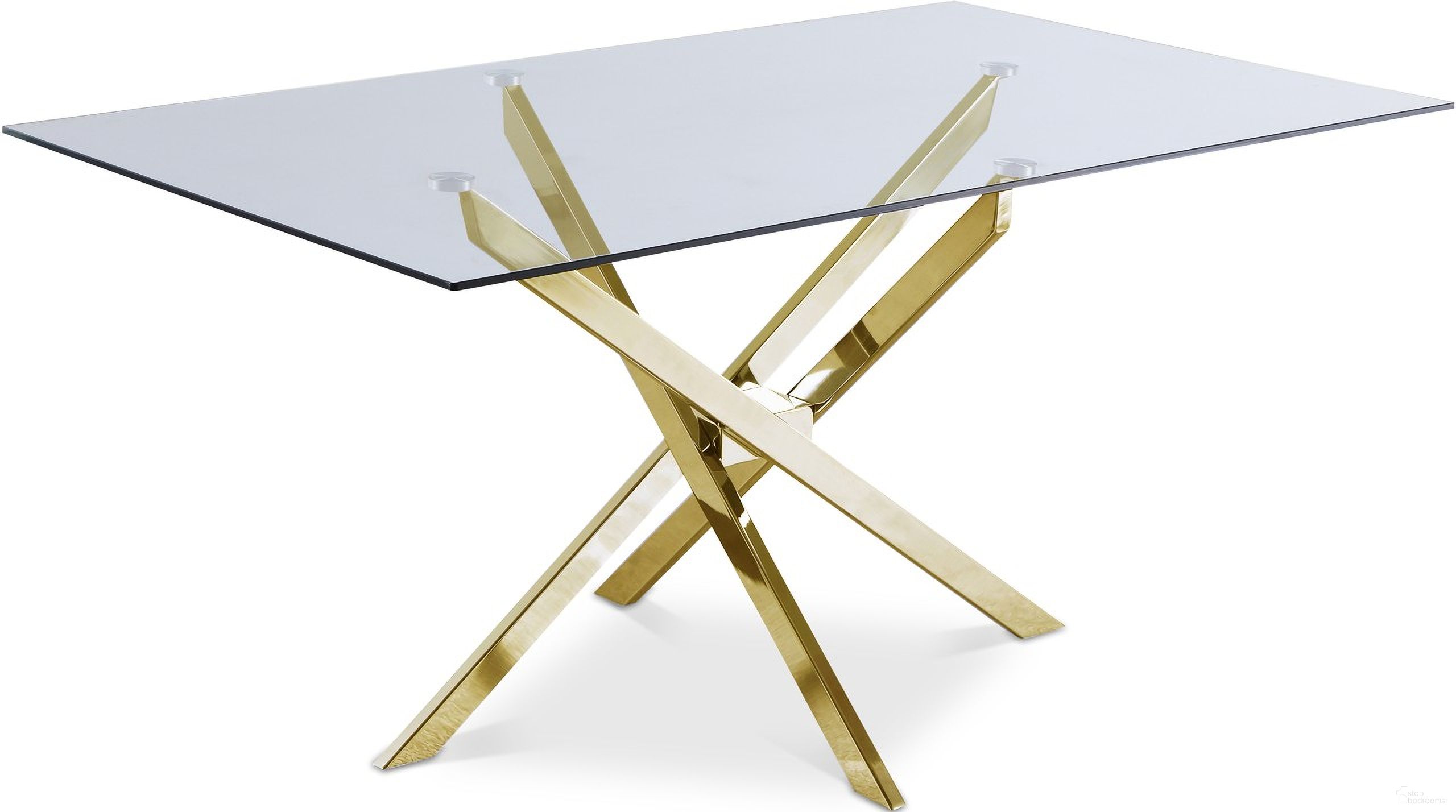 The appearance of Xander Dining Table In Gold designed by Meridian in the modern / contemporary interior design. This gold piece of furniture  was selected by 1StopBedrooms from Xander Collection to add a touch of cosiness and style into your home. Sku: 902-T Box 1/2 (Glass Top);902-T Box 2/2 (Base). Table Base Style: Legs. Material: Metal. Table Top Shape: Rectangular. Size: 36" x 60".