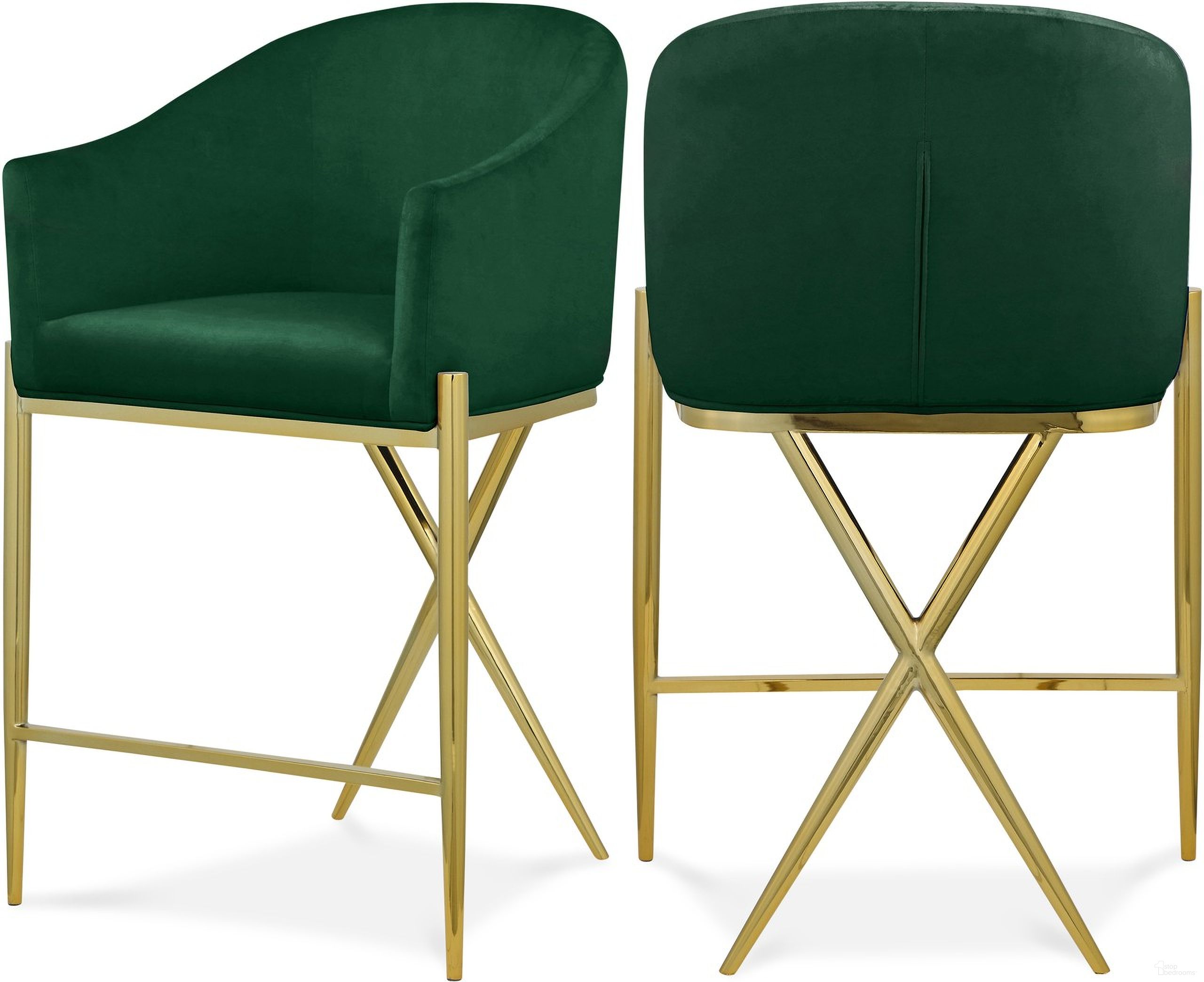 The appearance of Xavier Velvet Counter Stool In Green designed by Meridian in the modern / contemporary interior design. This green piece of furniture was selected by 1StopBedrooms from Xavier Collection to add a touch of cosiness and style into your home. Sku: 867Green-C. Material: Velvet.