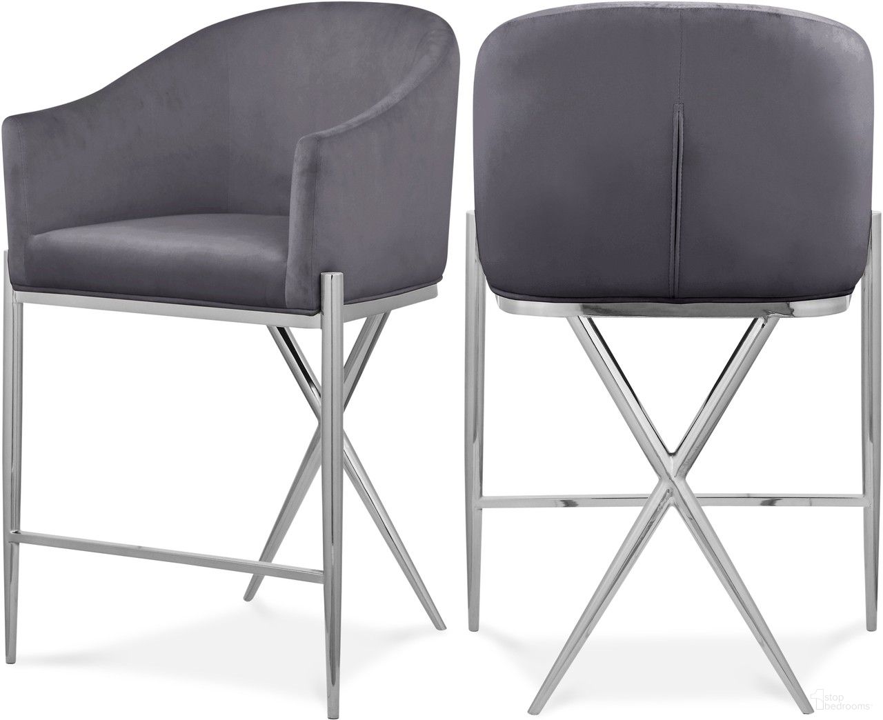 The appearance of Xavier Velvet Counter Stool In Grey/Chrome designed by Meridian in the modern / contemporary interior design. This grey piece of furniture was selected by 1StopBedrooms from Xavier Collection to add a touch of cosiness and style into your home. Sku: 866Grey-C. Material: Velvet.