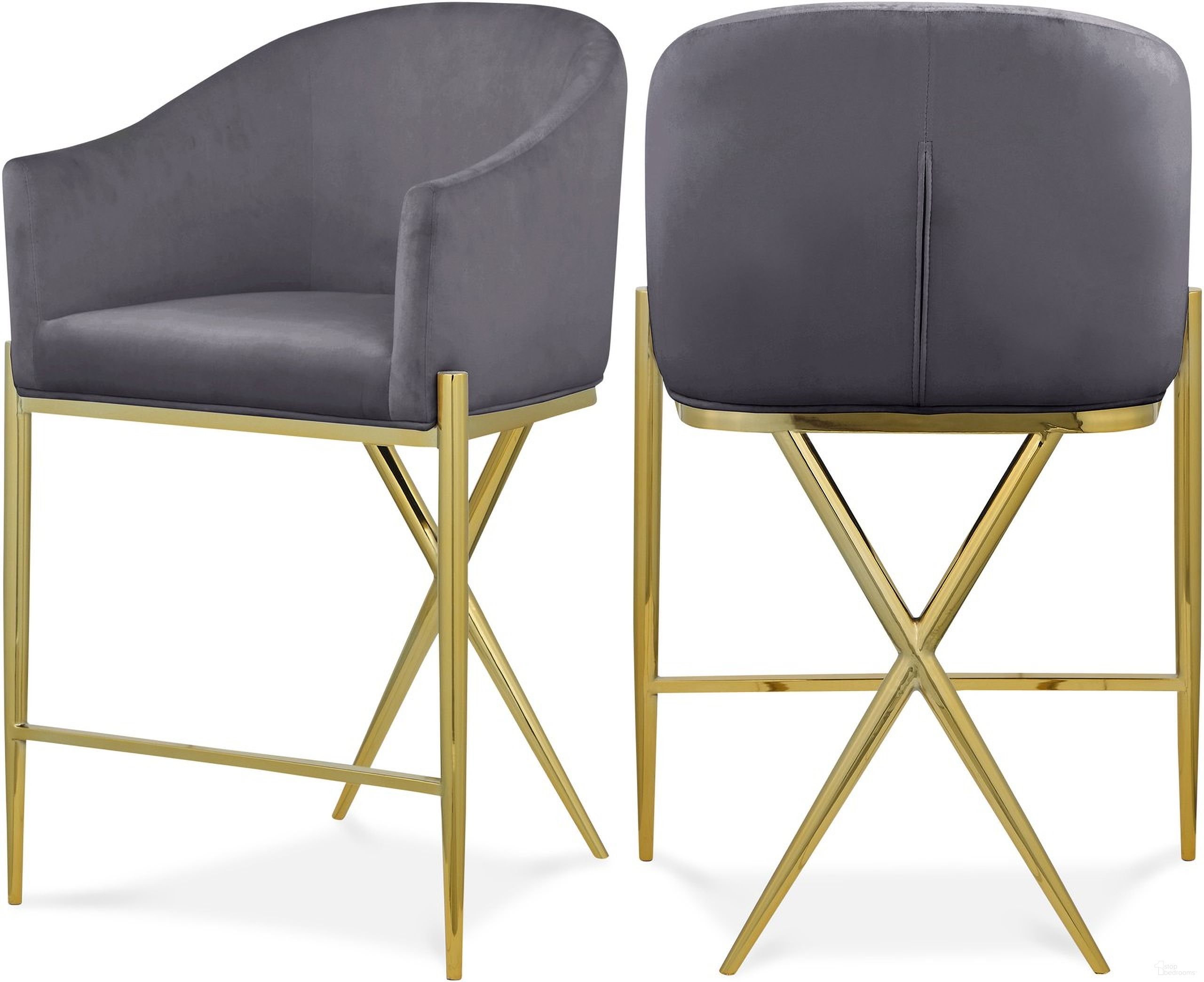 The appearance of Xavier Velvet Counter Stool In Grey/Gold designed by Meridian in the modern / contemporary interior design. This grey piece of furniture  was selected by 1StopBedrooms from Xavier Collection to add a touch of cosiness and style into your home. Sku: 867Grey-C. Material: Velvet.