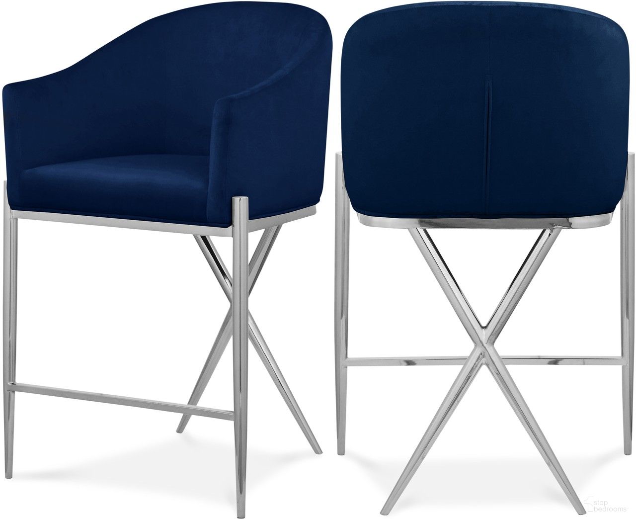 The appearance of Xavier Velvet Counter Stool In Navy/Chrome designed by Meridian in the modern / contemporary interior design. This navy piece of furniture was selected by 1StopBedrooms from Xavier Collection to add a touch of cosiness and style into your home. Sku: 866Navy-C. Material: Velvet.