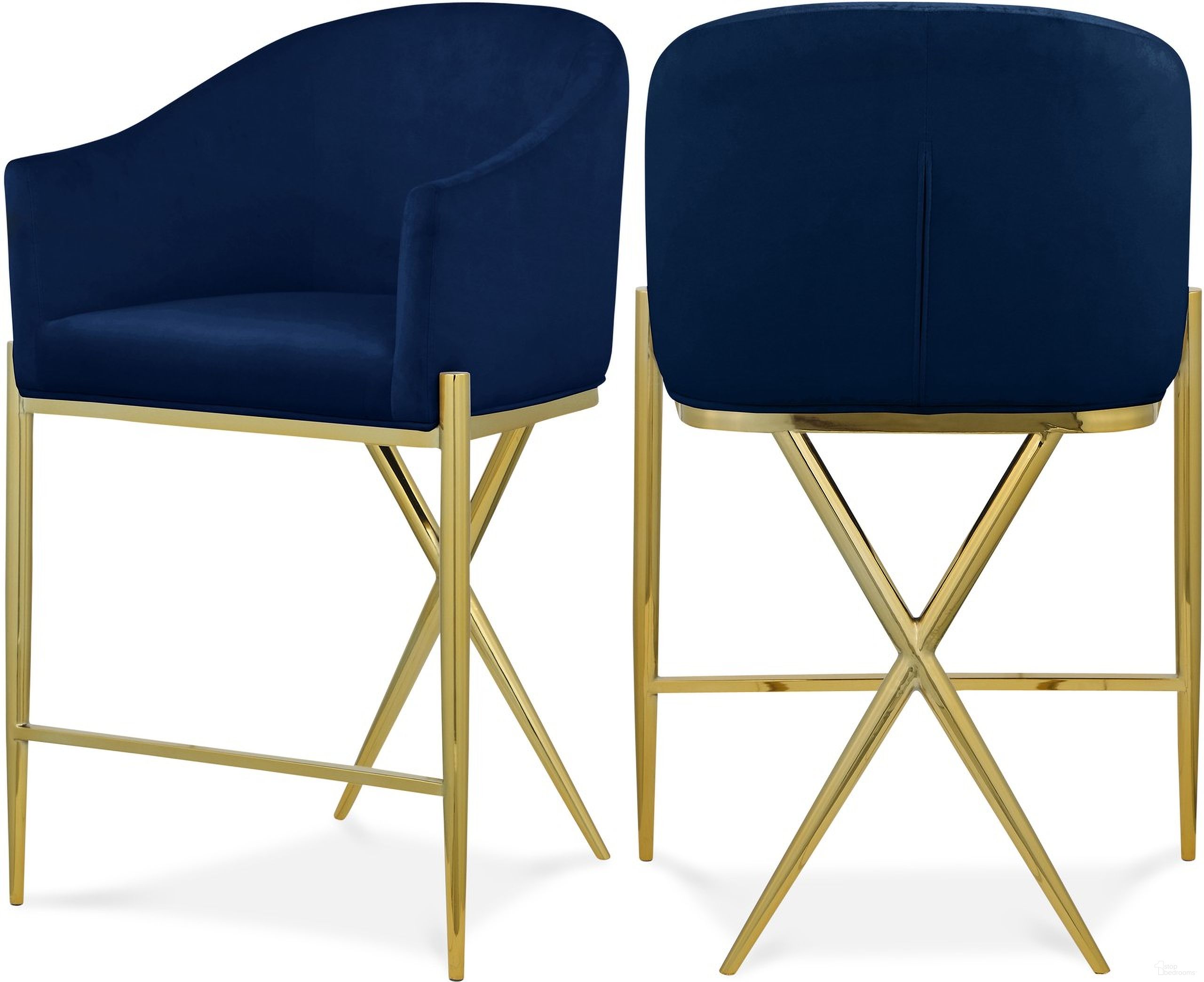 The appearance of Xavier Velvet Counter Stool In Navy/Gold designed by Meridian in the modern / contemporary interior design. This navy piece of furniture was selected by 1StopBedrooms from Xavier Collection to add a touch of cosiness and style into your home. Sku: 867Navy-C. Material: Velvet.