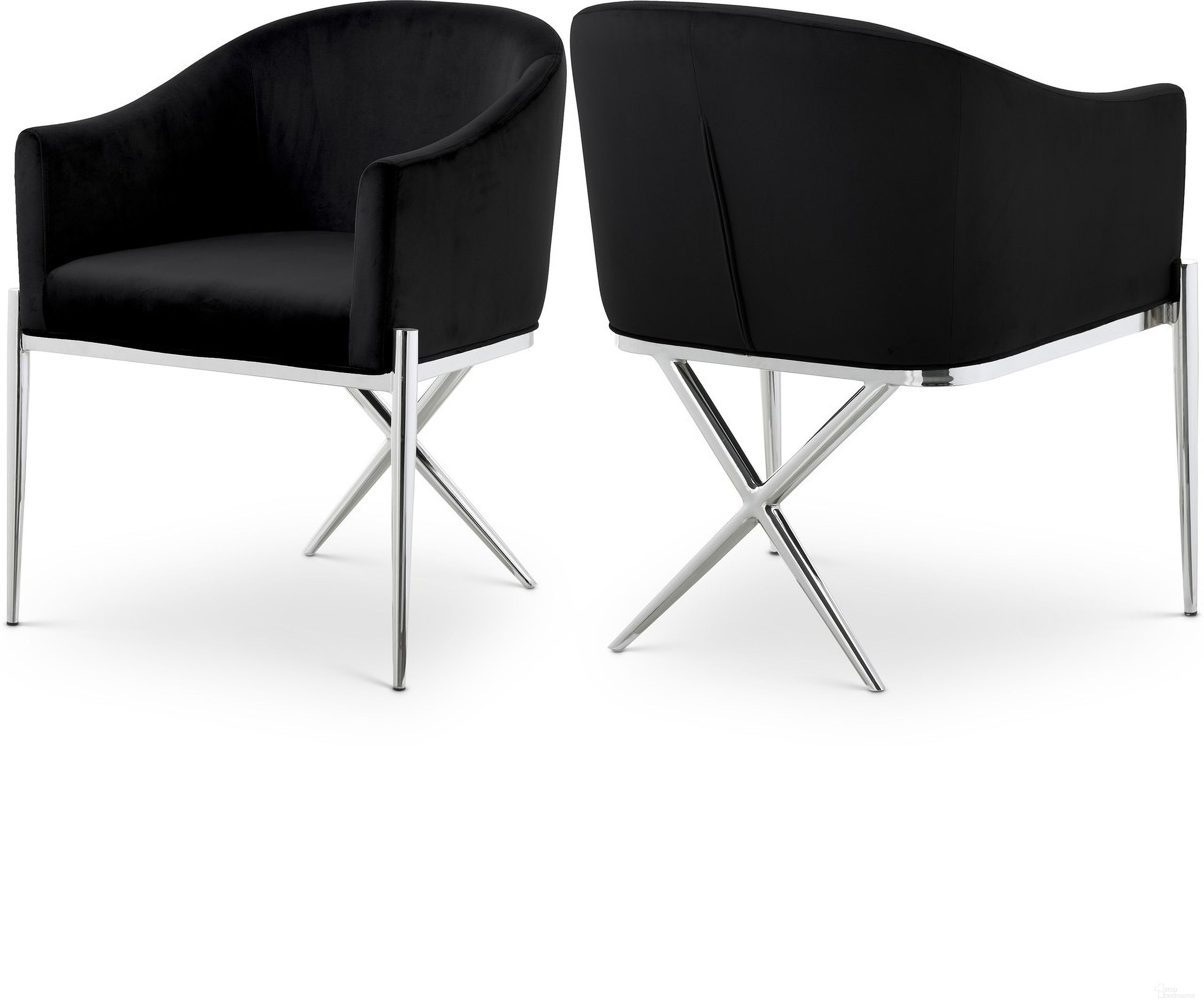 The appearance of Xavier Velvet Dining Chair In Black/Chrome designed by Meridian in the modern / contemporary interior design. This black piece of furniture was selected by 1StopBedrooms from Xavier Collection to add a touch of cosiness and style into your home. Sku: 762Black-C. Material: Velvet. Chair Type: Arm Chair.