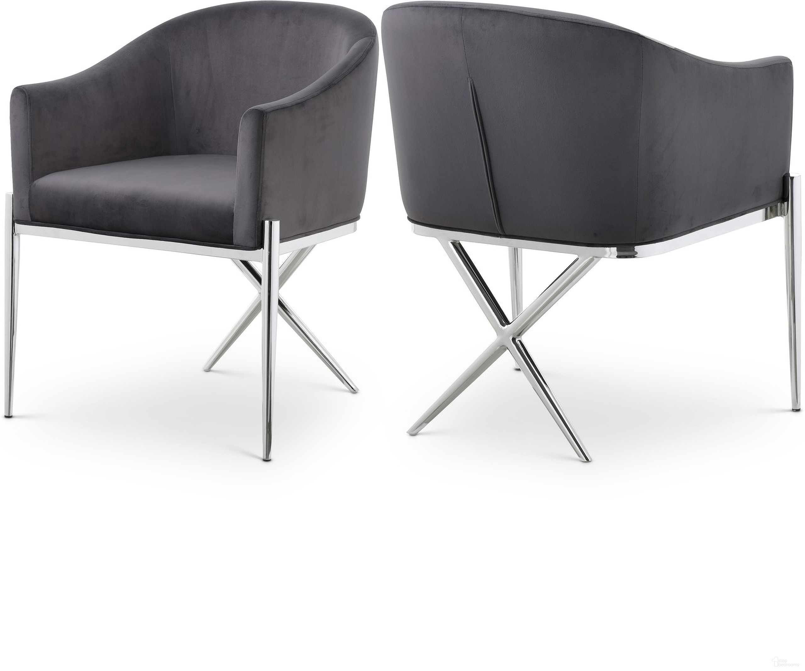 The appearance of Xavier Velvet Dining Chair In Grey/Chrome designed by Meridian in the modern / contemporary interior design. This grey piece of furniture  was selected by 1StopBedrooms from Xavier Collection to add a touch of cosiness and style into your home. Sku: 762Grey-C. Material: Velvet. Chair Type: Arm Chair.