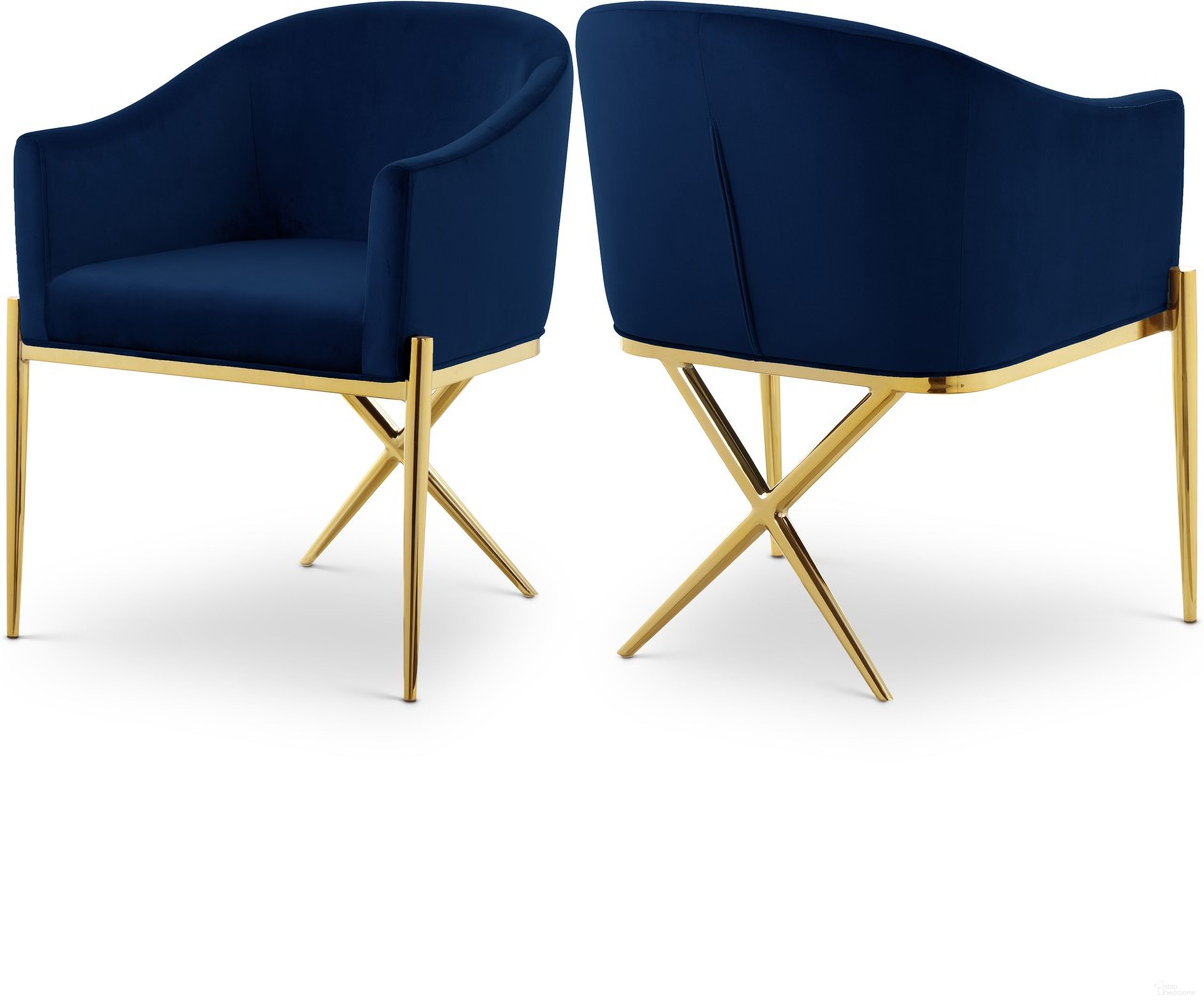The appearance of Xavier Velvet Dining Chair In Navy/Gold designed by Meridian in the modern / contemporary interior design. This navy piece of furniture was selected by 1StopBedrooms from Xavier Collection to add a touch of cosiness and style into your home. Sku: 763Navy-C. Material: Velvet. Chair Type: Arm Chair.