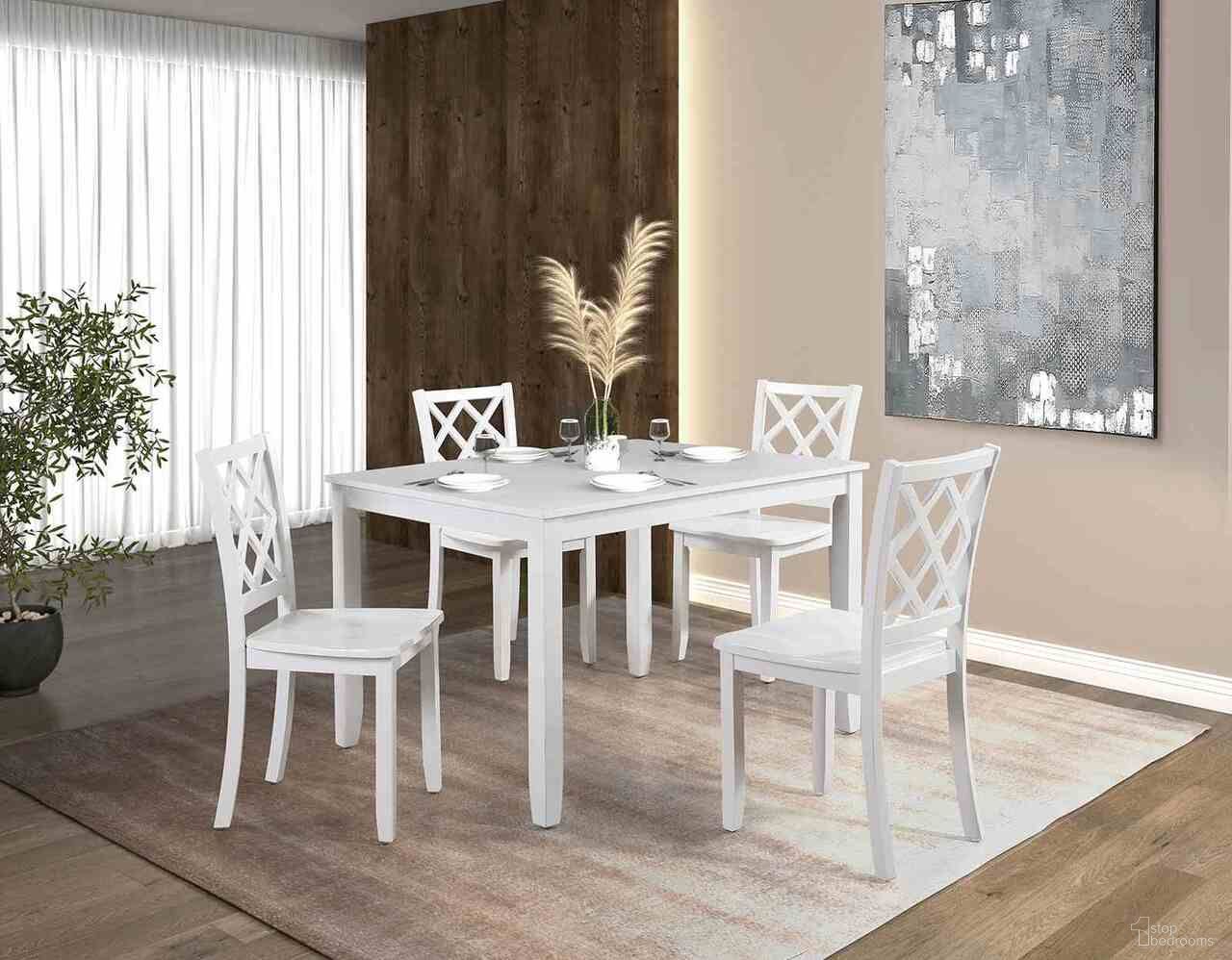 The appearance of Yamhill 5 Piece Dining Table Set In White designed by Furniture of America in the transitional interior design. This white piece of furniture was selected by 1StopBedrooms from Yamhill Collection to add a touch of cosiness and style into your home. Sku: FM3424WH-T-5PK. Table Base Style: Legs. Table Top Shape: Rectangular. Material: Solid Rubberwood.