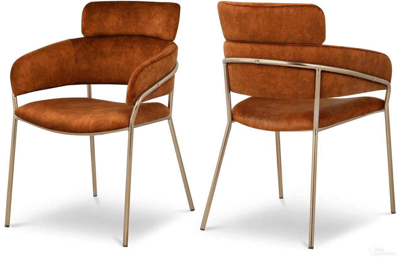 The appearance of Yara Velvet Dining Chair Set of 2 In Cognac designed by Meridian in the modern / contemporary interior design. This cognac piece of furniture was selected by 1StopBedrooms from Yara Collection to add a touch of cosiness and style into your home. Sku: 549Cognac-C. Material: Velvet. Chair Type: Arm Chair.