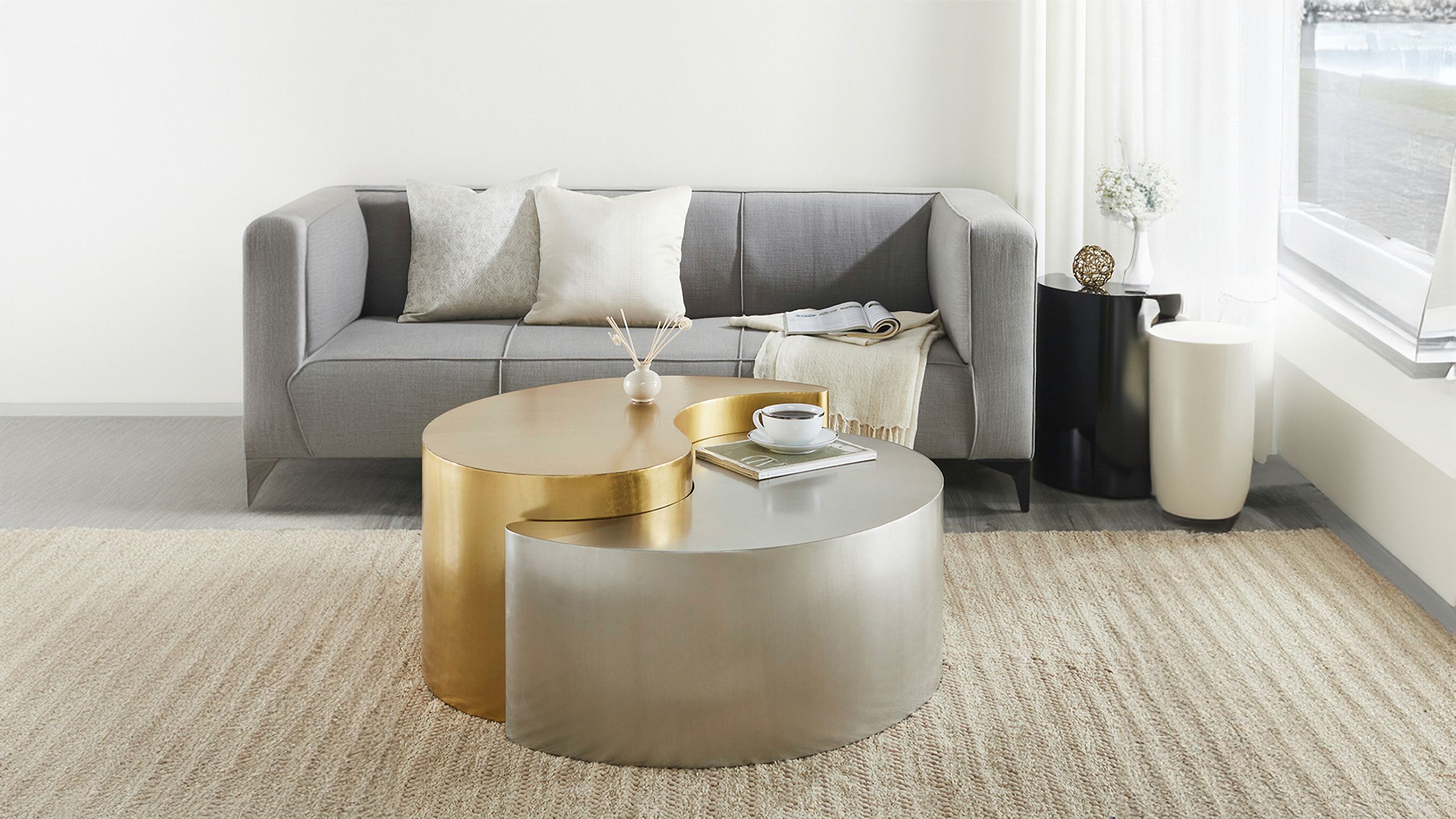 The appearance of Ying Yang Coffee Table In Gold and Silver designed by Galaxy Home Furnishings in the modern / contemporary interior design. This gold and silver piece of furniture  was selected by 1StopBedrooms from Ying Yang Collection to add a touch of cosiness and style into your home. Sku: 601955553087. Material: Iron.