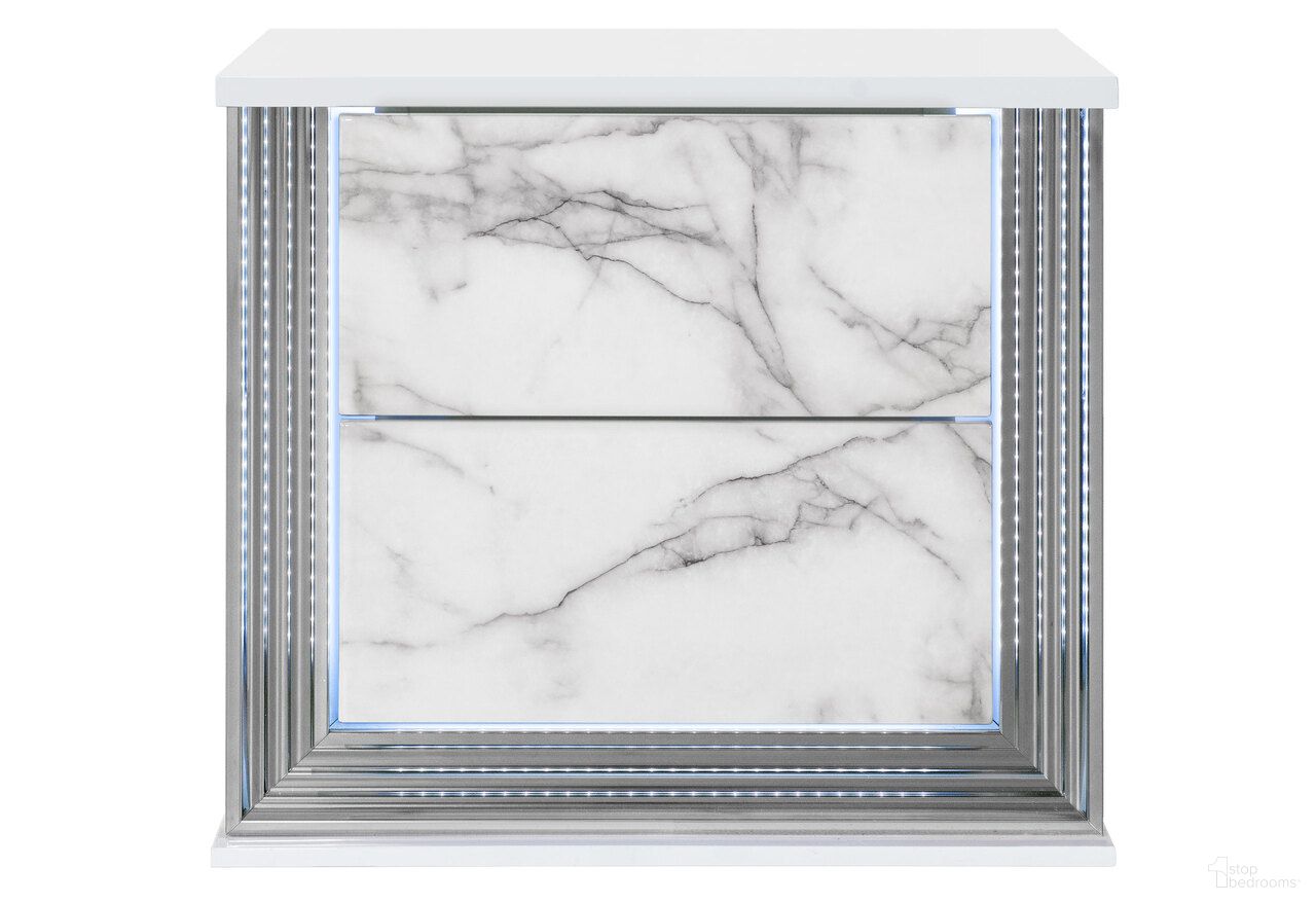 The appearance of Ylime Marble Nightstand with LED In White designed by Global Furniture USA in the modern / contemporary interior design. This white piece of furniture was selected by 1StopBedrooms from Ylime Collection to add a touch of cosiness and style into your home. Sku: YLIME-WHITE MARBLE-NS W/ LED & USB. Material: Chip Board.