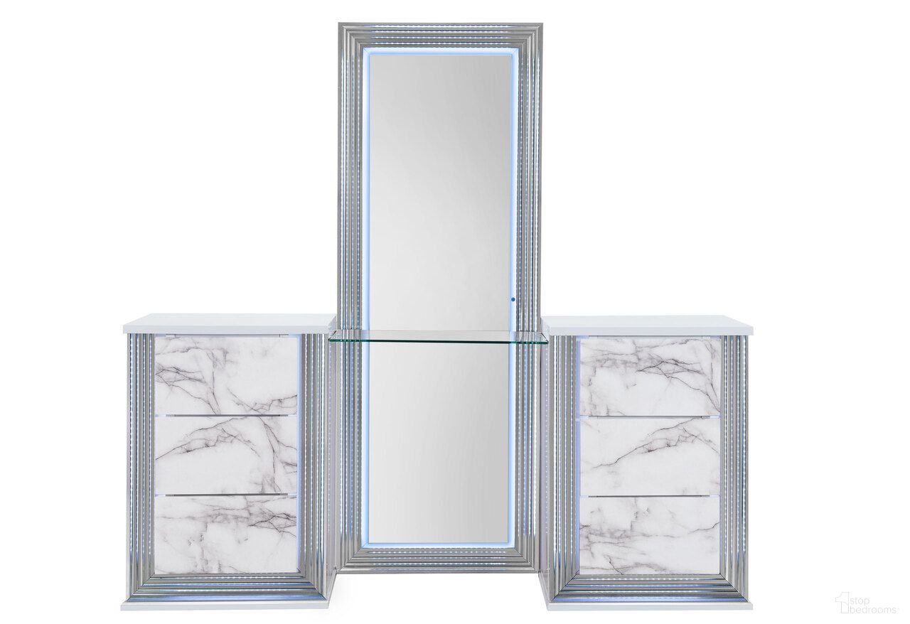 The appearance of Ylime Marble Vanity Set In White designed by Global Furniture USA in the modern / contemporary interior design. This white piece of furniture was selected by 1StopBedrooms from Ylime Collection to add a touch of cosiness and style into your home. Sku: YLIME-WHITE MARBLE-FLOOR MIRROR W/ LED;YLIME-WHITE-VS;YLIME-WHITE MARBLE-LAF VD W/ LED;YLIME-WHITE MARBLE-RAF VD W/ LED. Material: Chip Board.