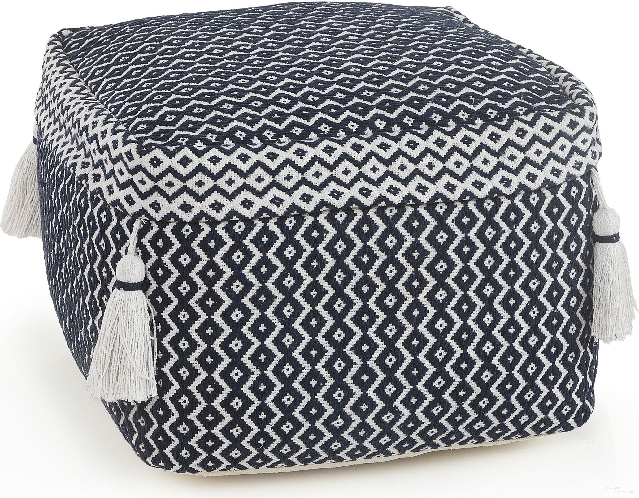 The appearance of Ynoza Geometric Hand-Woven All-Natural Cotton Ottoman Pouf In Blue and White designed by Rajani Home in the modern / contemporary interior design. This blue/white piece of furniture was selected by 1StopBedrooms from Bova Collection to add a touch of cosiness and style into your home. Sku: 0C916808G49348. Material: Cotton.