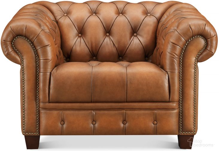 The appearance of York Leather Chair In Saddle Brown designed by Hydeline in the traditional interior design. This saddle brown piece of furniture was selected by 1StopBedrooms from York Collection to add a touch of cosiness and style into your home. Sku: 67239-10V01-LS2825. Material: Leather.