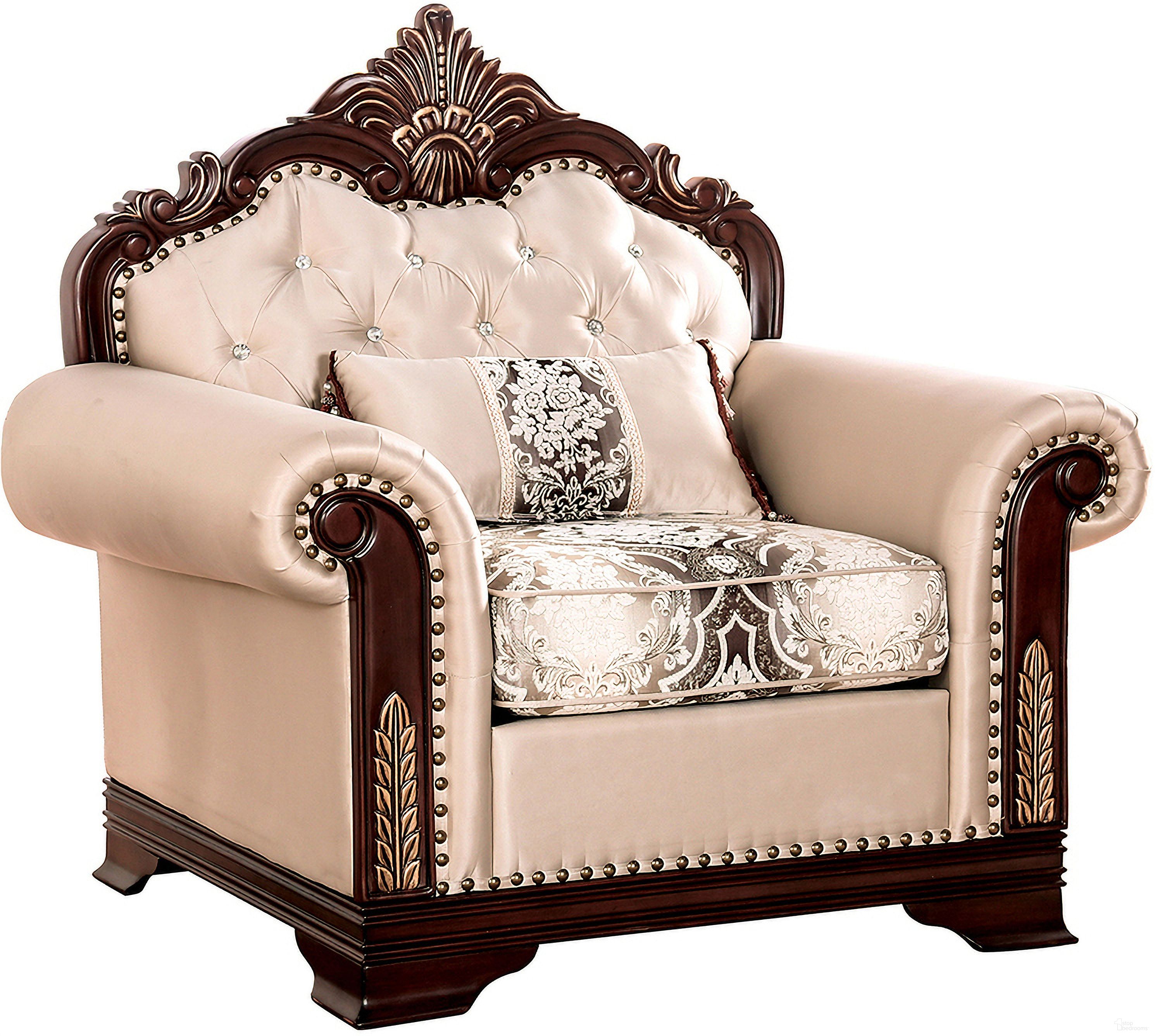 The appearance of Yucatan Chair In Dark Cherry and Beige designed by Furniture of America in the traditional interior design. This dark cherry and beige piece of furniture  was selected by 1StopBedrooms from Yucatan Collection to add a touch of cosiness and style into your home. Sku: FM65004BG-CH-1;FM65004BG-CH-2. Material: Fabric.