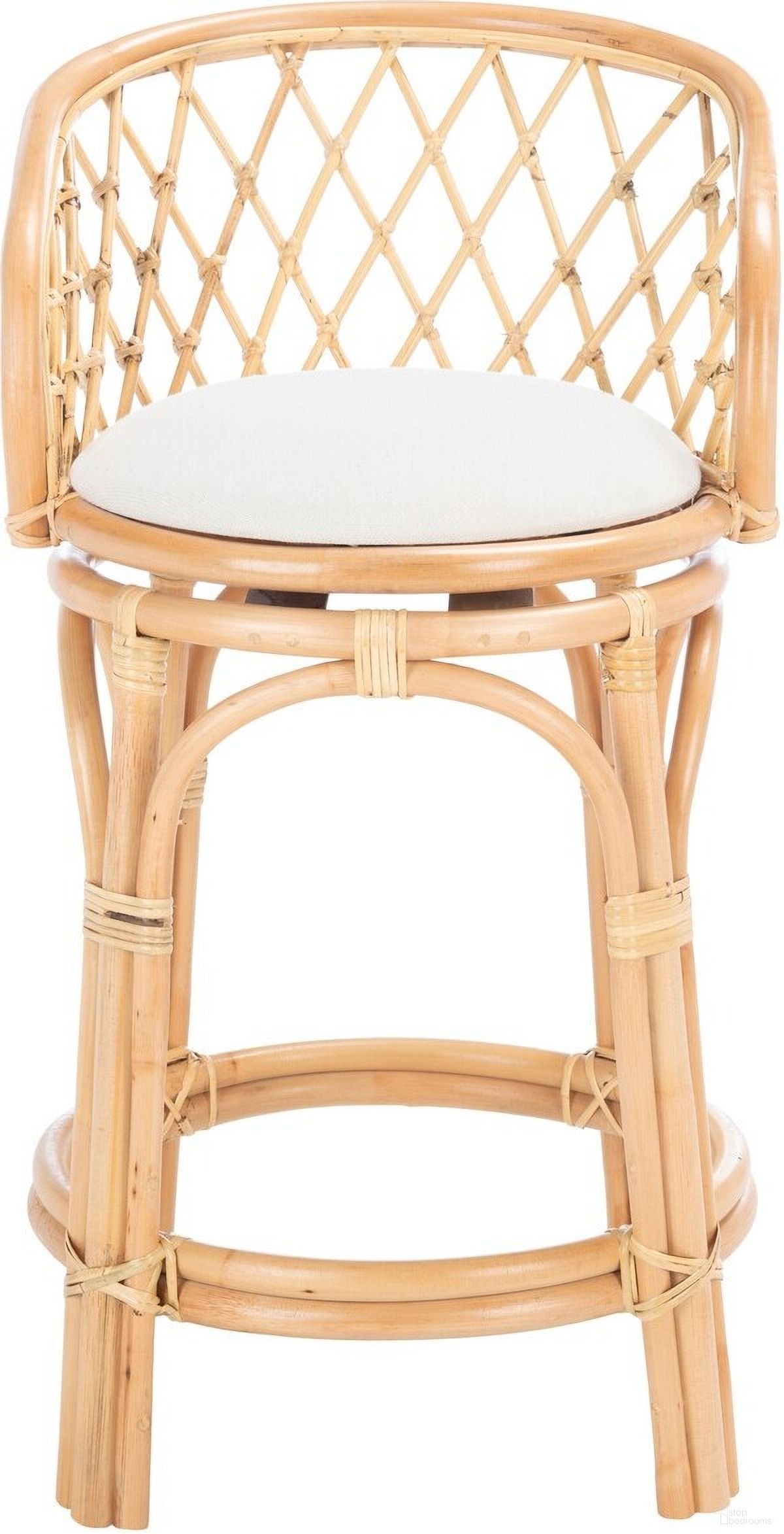 The appearance of Yuta Rattan Counter Stool with Cushion in Natural and White designed by Safavieh in the coastal interior design. This natural/white piece of furniture was selected by 1StopBedrooms from Yuta Collection to add a touch of cosiness and style into your home. Sku: BST6504A. Material: Wood.