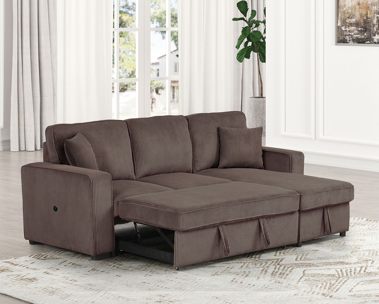 The appearance of Yves Sectional In Brown designed by Furniture of America in the modern / contemporary interior design. This brown piece of furniture was selected by 1StopBedrooms from Yves Collection to add a touch of cosiness and style into your home. Sku: FM6964BR-1;FM6964BR-2. Material: Corduroy.
