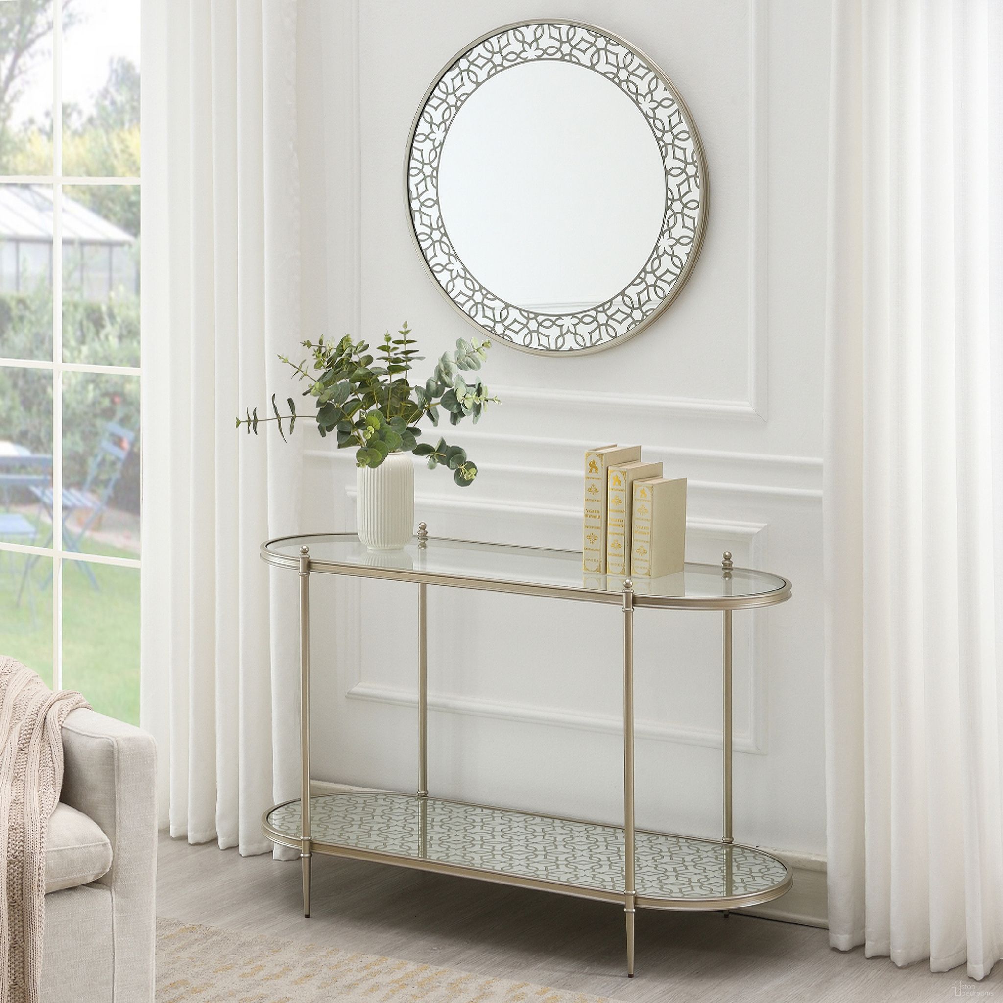 The appearance of Zaba Oval Sofa Table In Champagne designed by ACME in the modern / contemporary interior design. This champagne piece of furniture  was selected by 1StopBedrooms from Zaba Collection to add a touch of cosiness and style into your home. Sku: LV02757. Material: Metal.