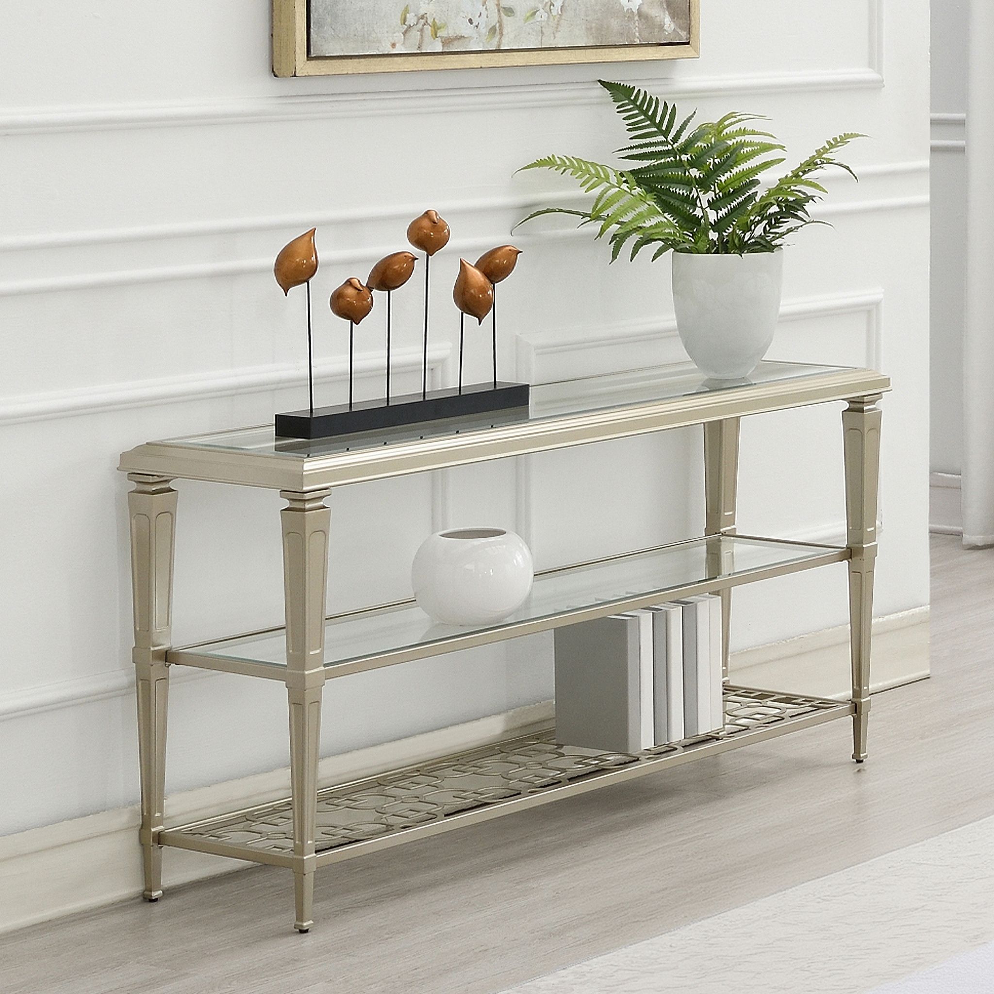 The appearance of Zaba Rectangular Sofa Table In Champagne designed by ACME in the modern / contemporary interior design. This champagne piece of furniture  was selected by 1StopBedrooms from Zaba Collection to add a touch of cosiness and style into your home. Sku: LV02787. Material: Metal.