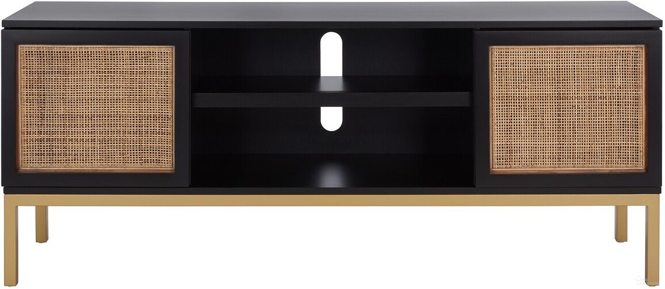 The appearance of Zadie 1 Shelf Rattan Media Stand In Black and Gold designed by Safavieh in the modern / contemporary interior design. This black and gold piece of furniture was selected by 1StopBedrooms from Zadie Collection to add a touch of cosiness and style into your home. Sku: MED5009A. Material: Wood.