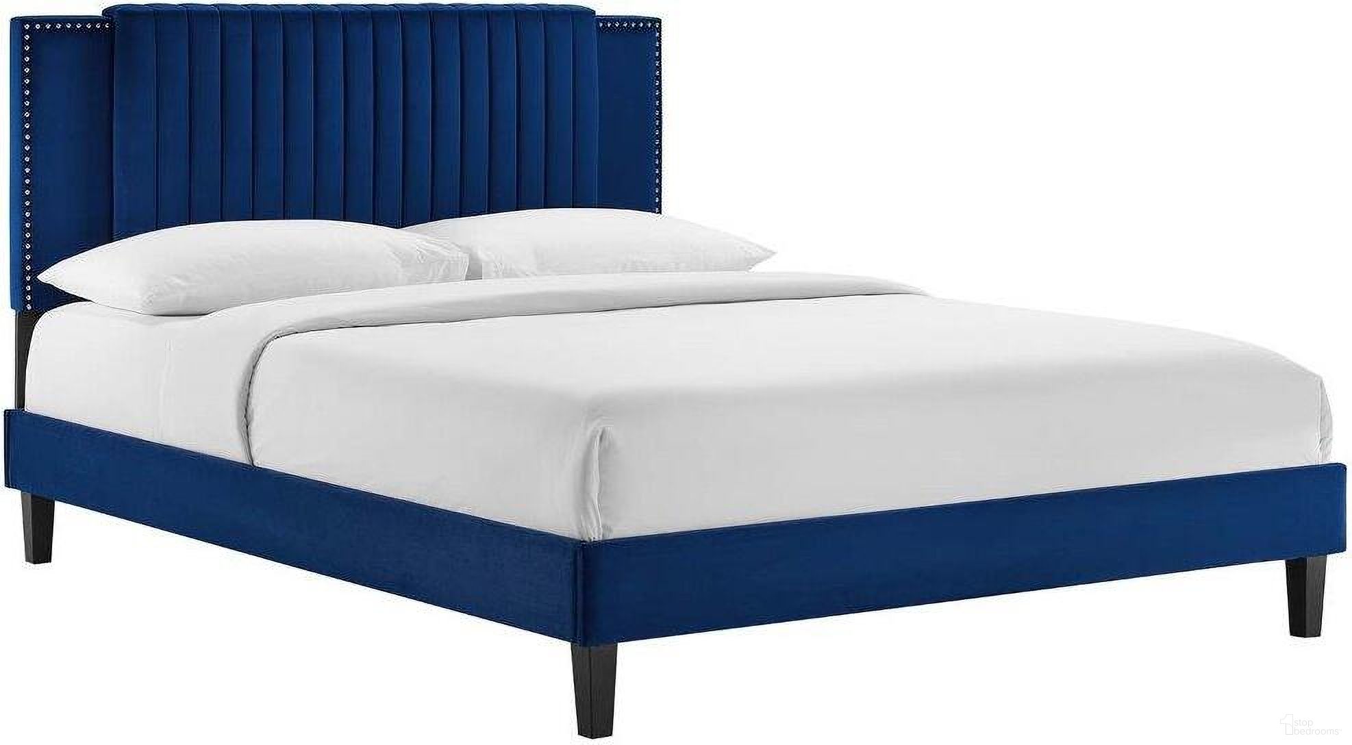 The appearance of Zahra Channel Tufted Performance Velvet King Platform Bed In Navy MOD-7014-NAV designed by Modway in the transitional interior design. This navy piece of furniture  was selected by 1StopBedrooms from Zahra Collection to add a touch of cosiness and style into your home. Sku: MOD-6267-NAV;MOD-6663-NAV. Bed Type: Platform Bed. Bed Size: King. Material: Plywood.