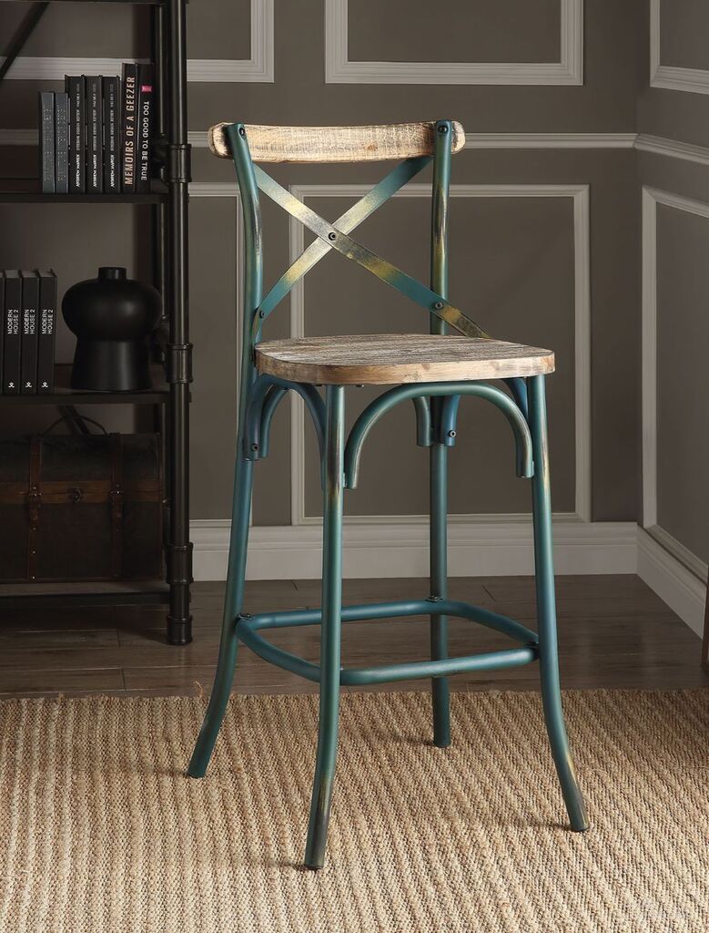 The appearance of Zaire Antique Turquoise Bar Chair designed by ACME in the industrial interior design. This turquoise piece of furniture was selected by 1StopBedrooms from Zaire Collection to add a touch of cosiness and style into your home. Sku: 96807. Material: Wood.