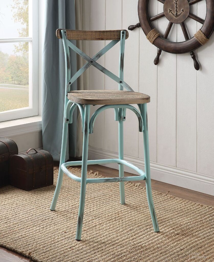 The appearance of Zaire Bar Chair In Antique Sky and Antique Oak designed by ACME in the industrial interior design. This antique oak piece of furniture was selected by 1StopBedrooms from Zaire Collection to add a touch of cosiness and style into your home. Sku: 96806. Material: Metal.