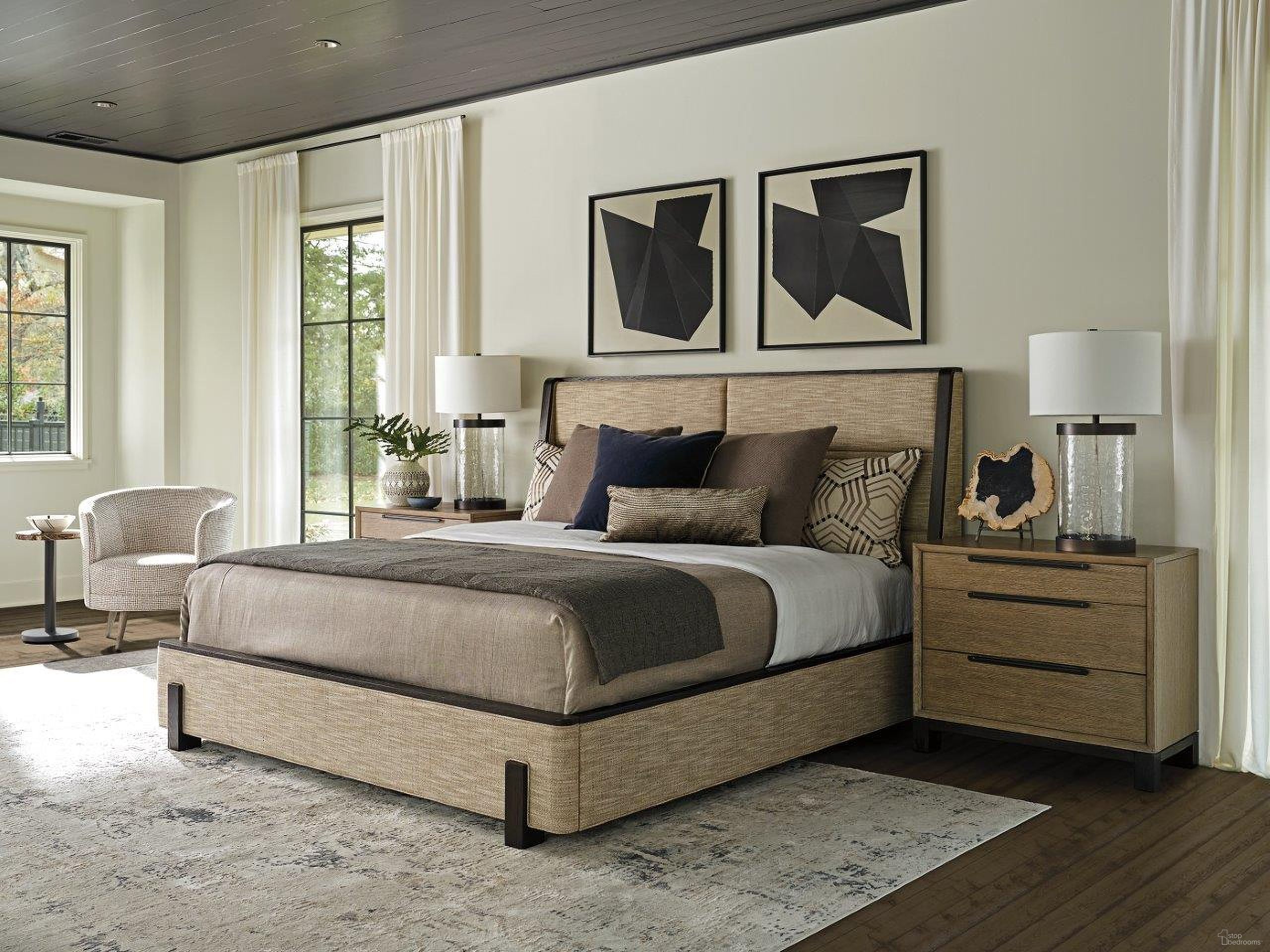The appearance of Zanzibar Barcelona Upholstered Bedroom Set In Tunis designed by Lexington in the modern / contemporary interior design. This tunis piece of furniture was selected by 1StopBedrooms from Zanzibar Collection to add a touch of cosiness and style into your home. Sku: 417-143C;416-621. Material: Fabric. Bed Size: Queen. Bed Type: Upholstered Bed.