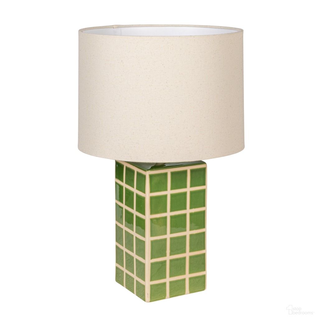 The appearance of Zara 18.5 Inch Square Windowpane Stoneware Table Lamp with Linen Drum Shade In Green designed by Rowena Interiors in the modern / contemporary interior design. This green piece of furniture was selected by 1StopBedrooms from Zara Collection to add a touch of cosiness and style into your home. Sku: EC1932. Material: Stone.